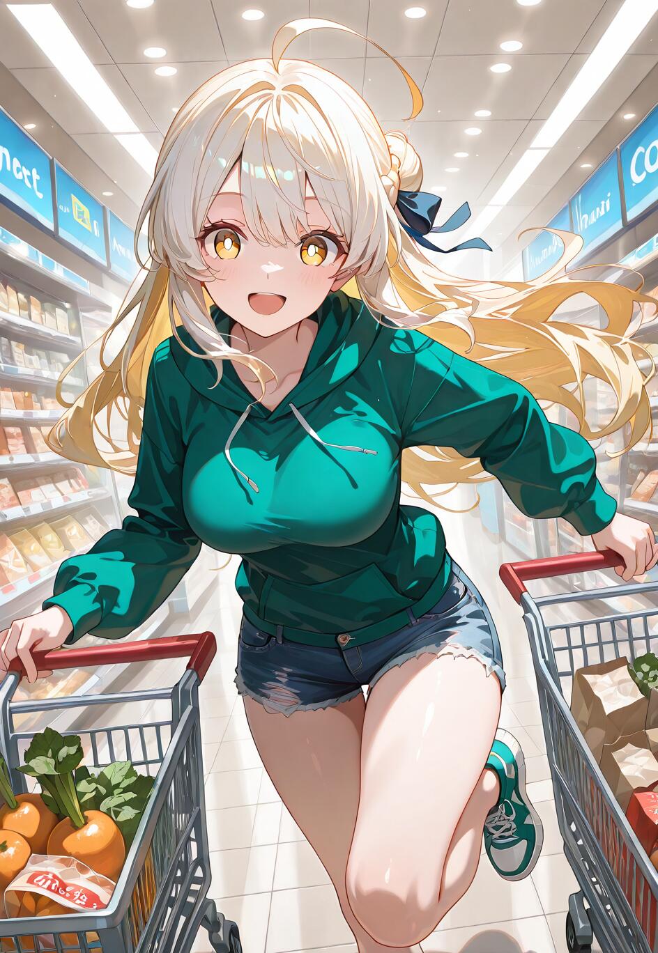 Eine im Anime-Stil gehaltene Illustration eines fröhlichen, blonden Mädchens, Artoria Pendragon (Saber), in einem grünen Kapuzenpullover und Jeansshorts, das energiegeladen durch einen Supermarkt läuft und dabei zwei Einkaufswagen voller Lebensmittel schiebt.