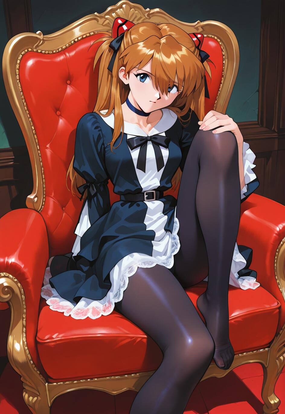 Asuka Langley Soryu aus Neon Genesis Evangelion, mit ihren charakteristischen orangefarbenen Zöpfen, sitzt in einem eleganten, rot-goldenen Sessel. Sie trägt ein schwarz-weißes Gothic-Lolita-Kleid, schwarze Strumpfhosen und keine Schuhe und blickt direkt in die Kamera.