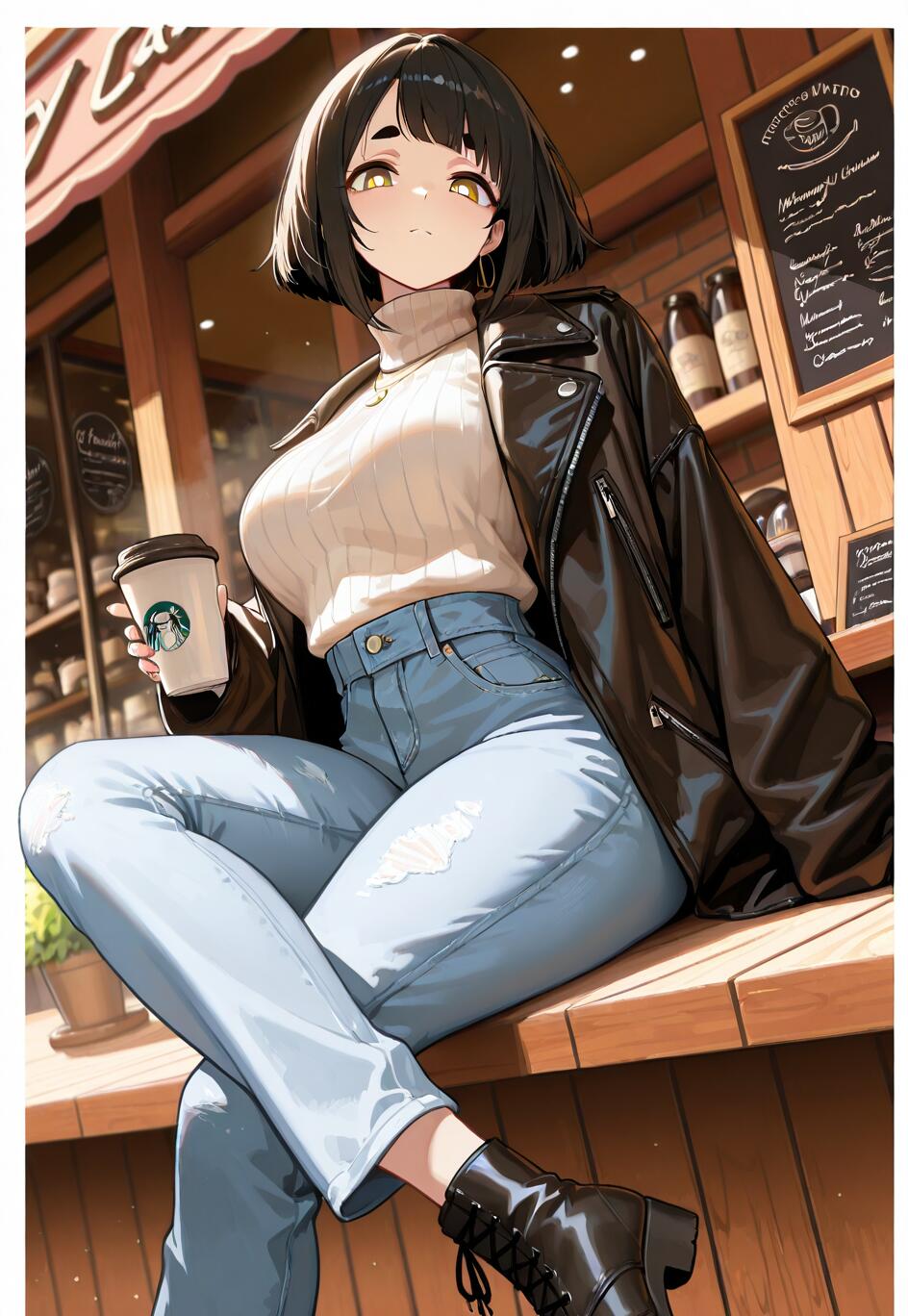 Eine im Anime-Stil gehaltene Illustration einer jungen Frau mit kurzen, schwarzen Haaren und einer Lederjacke, die an einem Tresen vor einem Café sitzt und eine Kaffeetasse hält.