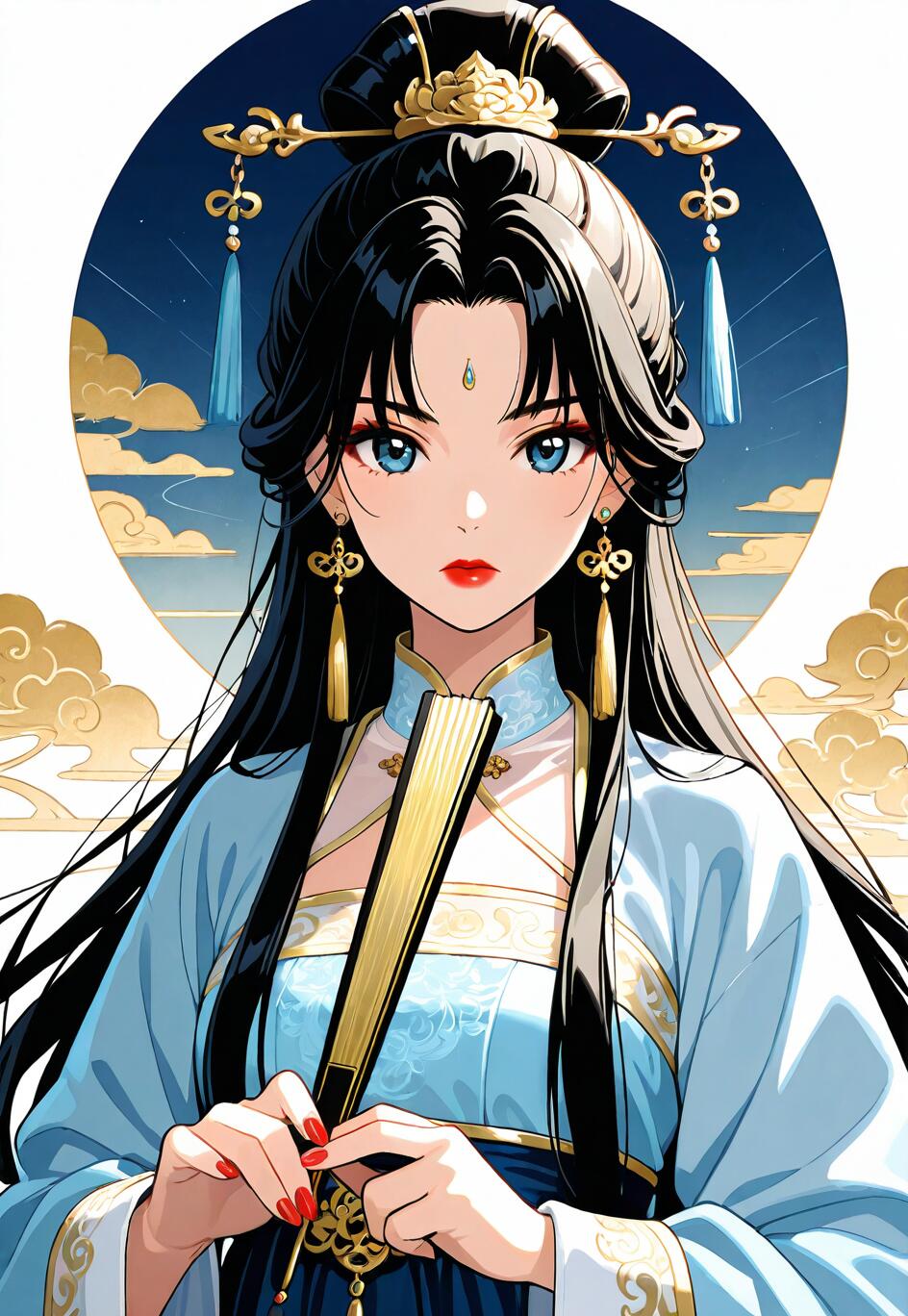 Eine im Anime-Stil gehaltene Illustration einer wunderschönen jungen Frau mit langem, schwarzem Haar und blauen Augen, die ein traditionelles blau-goldenes chinesisches Hanfu-Kleid trägt. Sie hält einen goldenen Fächer und steht vor einem kreisförmigen Hintergrund, der einen sternenübersäten Nachthimmel mit goldenen Wolken darstellt.
