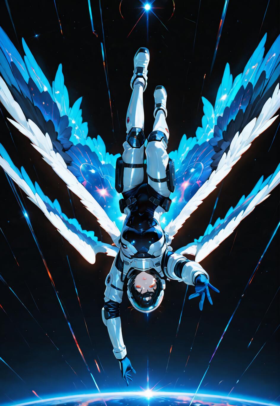 Fujimaru Ritsuka aus Fate/Grand Order als Astronaut mit großen, blau-weißen Flügeln, der schwebend mit dem Kopf nach unten im Weltraum über einem Planeten dargestellt ist und dem Betrachter entgegenstreckt.