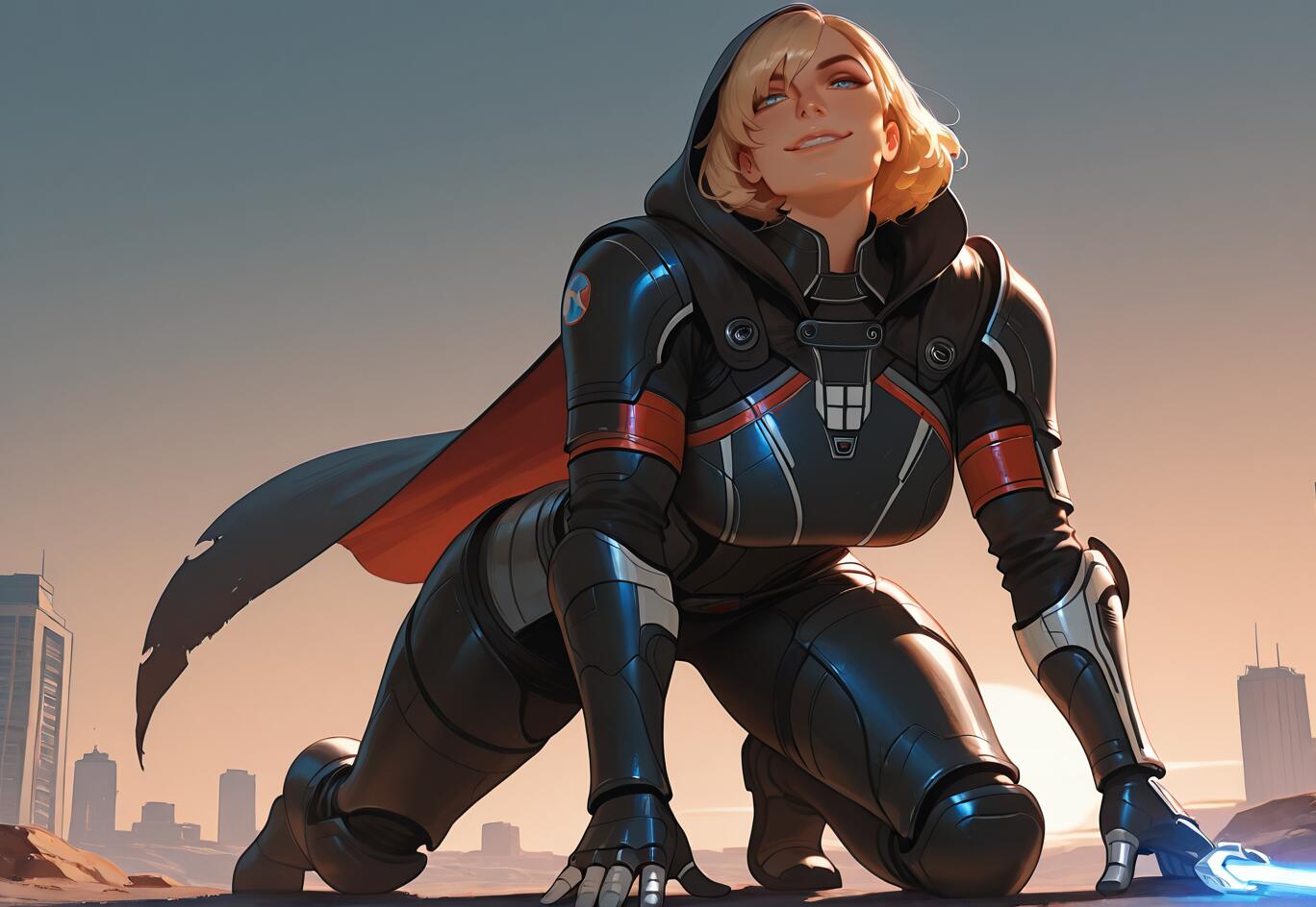 Ein digitales Gemälde einer blonden Frau, Commander Shepard, in schwarzer, futuristischer Rüstung mit einem Kapuzenmantel. Sie kauert sich leicht zusammen und trägt ein selbstbewusstes Lächeln, während im Hintergrund eine futuristische Stadt bei Sonnenuntergang zu sehen ist.