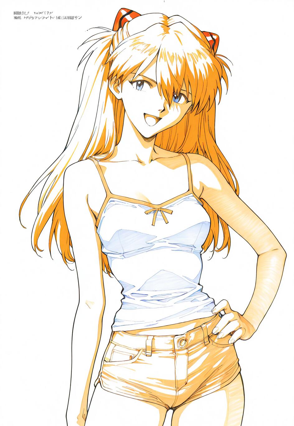 Eine Linienzeichnung von Asuka Langley Soryu aus Neon Genesis Evangelion, die selbstbewusst lächelt und eine Hand auf die Hüfte legt. Sie hat orangefarbenes Haar, das zu zwei Zöpfen gebunden ist, und trägt ein weißes Top und kurze Shorts vor einem schlichten, weißen Hintergrund.