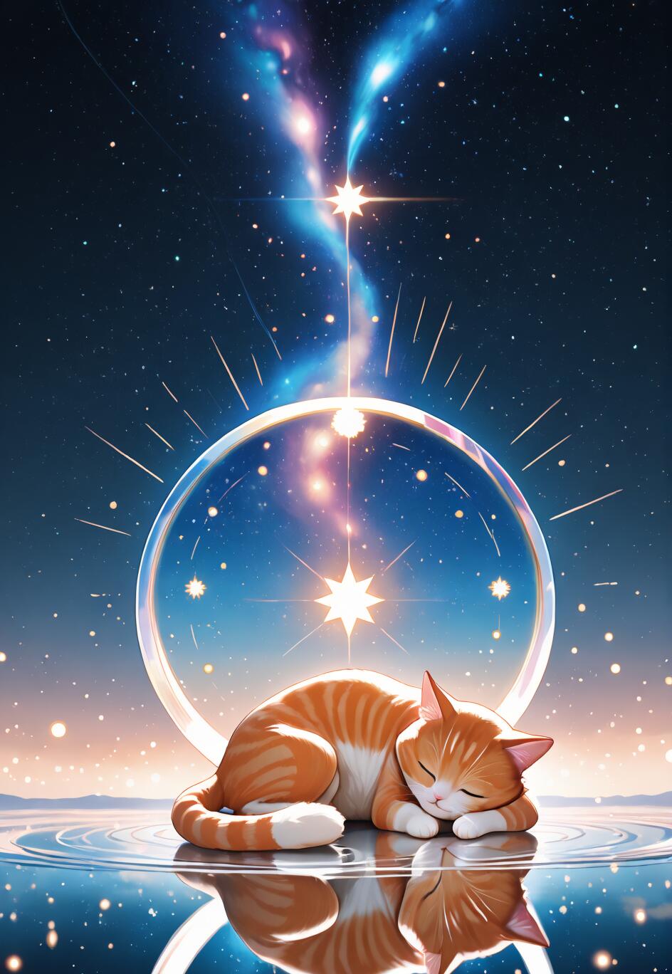 Eine Illustration einer niedlichen, orange-weiß getigerten Katze, die auf einer spiegelnden, wasserähnlichen Oberfläche schläft. Im Hintergrund befindet sich ein kosmischer Nachthimmel mit einem leuchtenden Nebel, unzähligen Sternen und einer großen, strahlenden Kugel hinter der Katze.