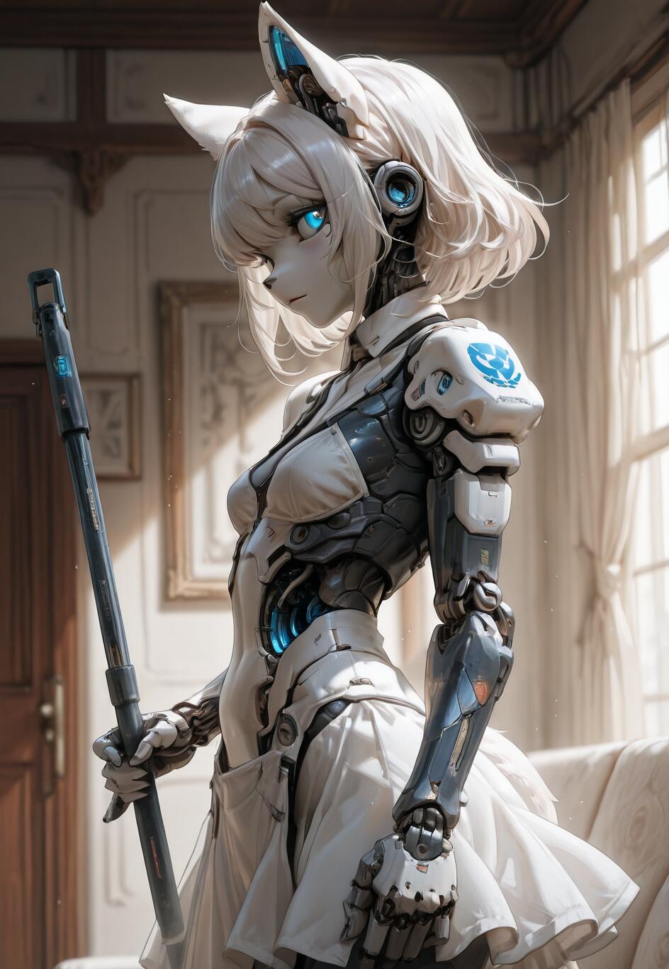 Eine digitale Illustration einer weiblichen Cyborg mit weißem Haar, leuchtend blauen Augen und Katzenohren, gekleidet in einem Dienstmädchen-Outfit und mit einem futuristischen Wischmopp in einem Raum im klassischen Stil.