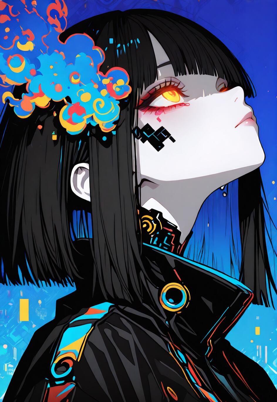Ein stilisierter Anime-Porträt einer Cyberpunk-Frau mit kurzem, schwarzem Haar und leuchtend gelben Augen, die nach oben blickt. Sie trägt eine farbenfrohe, glitch-artige Haarspange und hat schwarze, geometrische, kybernetische Details im Gesicht und am Hals, vor einem lebendigen, blauen digitalen Hintergrund.