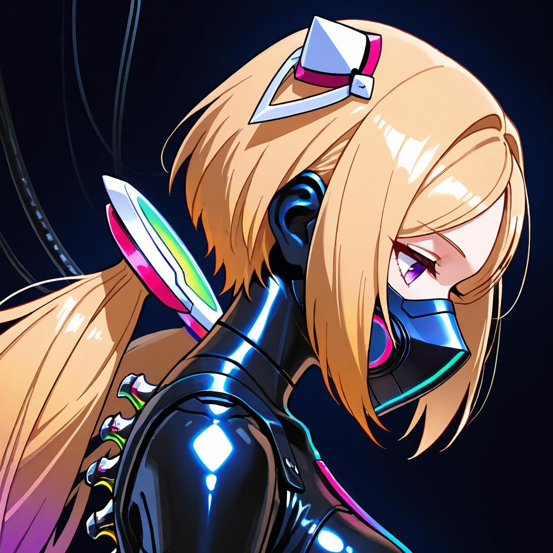 Eine im Anime-Stil gehaltene Illustration der VTuberin Aki Rosenthal in einem Cyberpunk-Setting. Sie hat blondes Haar, das zu zwei tief sitzenden Zöpfen gebunden ist, und trägt einen leuchtenden, schwarzen Cybersuit und eine mechanische Maske. Sie ist im Profil dargestellt, blickt nach unten, vor einem dunklen Hintergrund mit Kabeln.