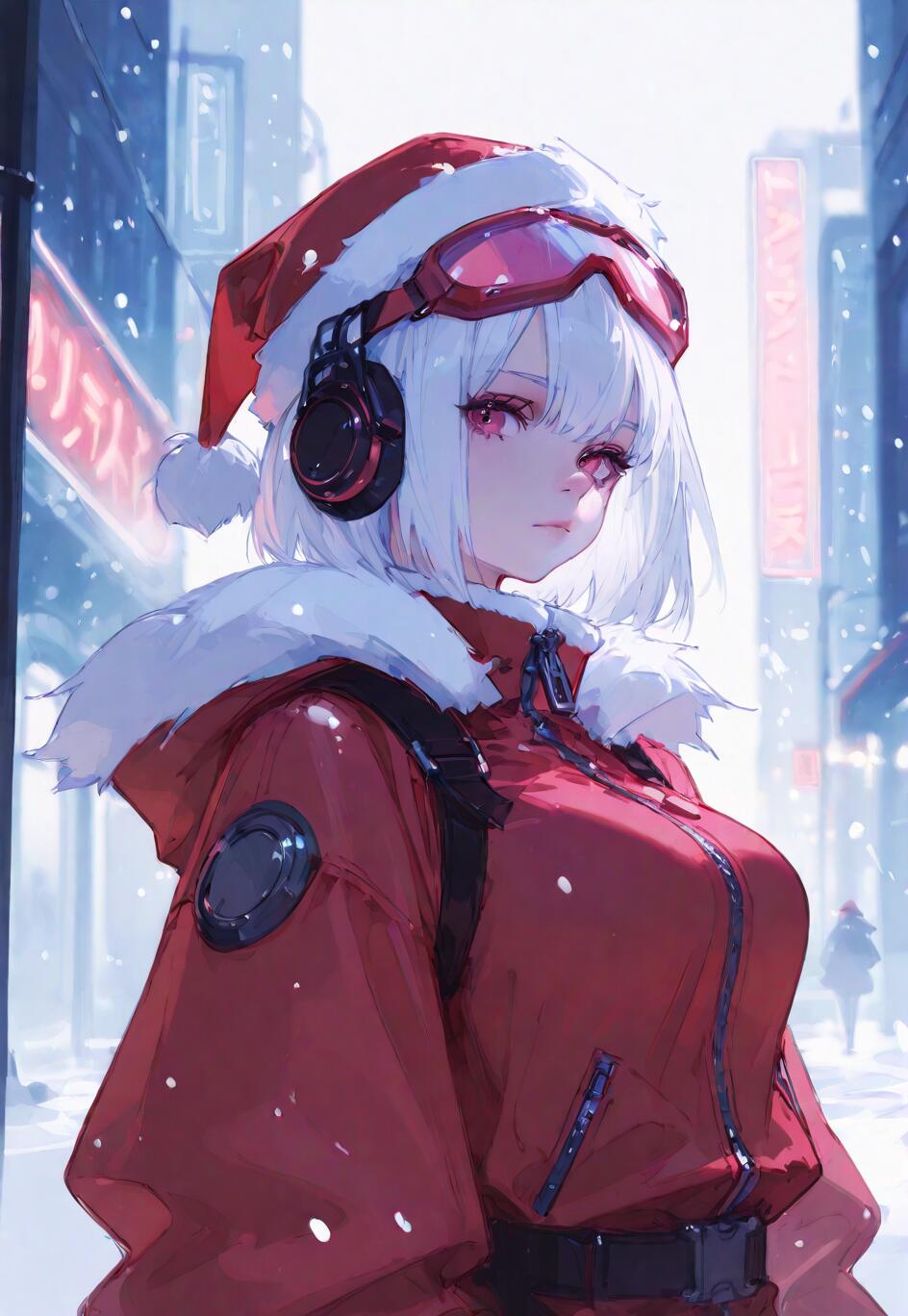 Ein Anime-Mädchen mit kurzem, weißem Haar und roten Augen, das eine rote Weihnachtsmütze, eine Schutzbrille, Kopfhörer und eine rote Winterjacke trägt und auf einer verschneiten Stadtstraße steht, im Hintergrund leuchten Neonlichter.
