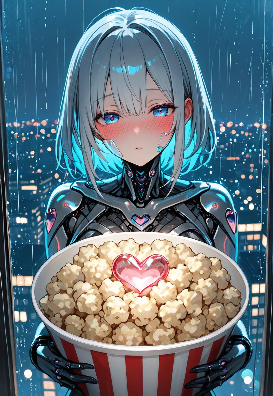 Ein Cyborg-Mädchen im Anime-Stil mit kurzen, hellblauen Haaren und blauen Augen, das errötet, während es einen großen, rot-weiß gestreiften Eimer mit Popcorn hält. Ein rosafarbenes, durchscheinendes Herz liegt auf dem Popcorn. Sie steht vor einem Fenster, durch das man eine regnerische Stadt bei Nacht sieht.
