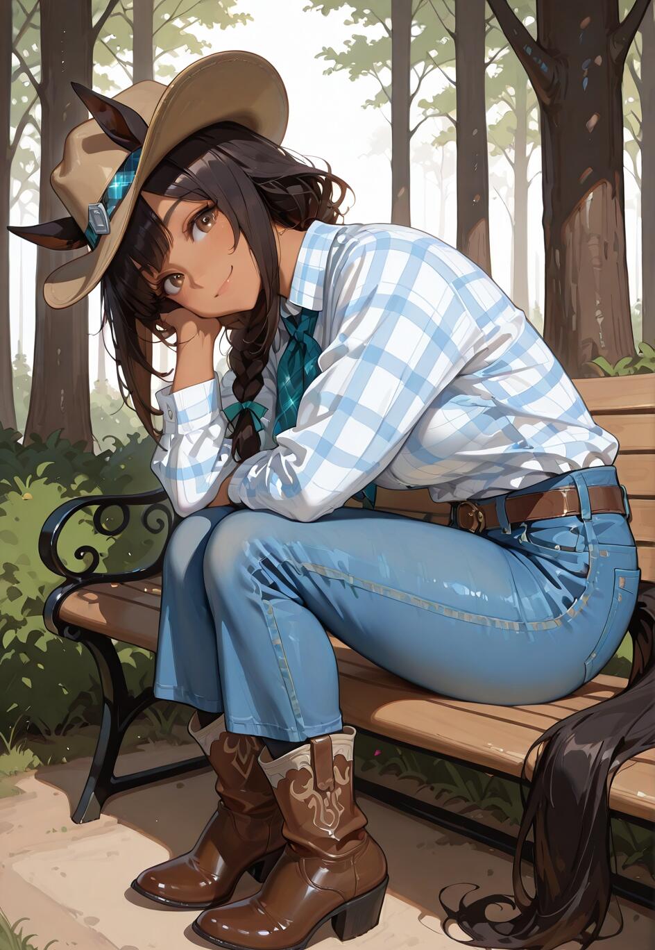 Ein im Anime-Stil gezeichnetes Mädchen mit Pferdeohren, gebräunter Haut und einem Cowboyhut, das als El Condor Pasa identifiziert wird und auf einer Parkbank in einem Wald sitzt. Sie trägt ein kariertes Hemd und eine Jeans und lächelt freundlich den Betrachter an.