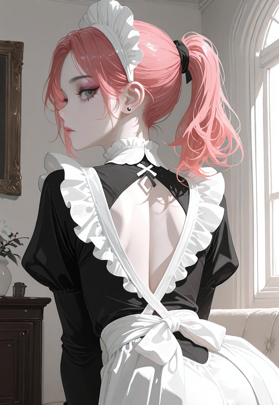 Eine im Anime-Stil gehaltene Illustration einer jungen Frau mit pinkfarbenen, zu einem Pferdeschwanz gebundenen Haaren, die eine schwarz-weiße Dienstmädchenuniform mit offenem Rücken trägt. Sie blickt über ihre Schulter in einen hell erleuchteten Raum.