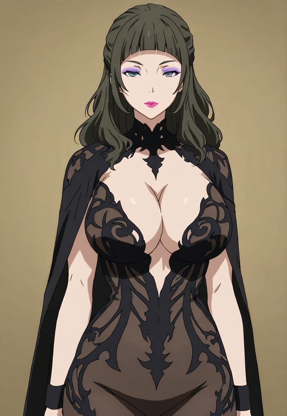 Eine im Anime-Stil gehaltene Illustration einer reifen Frau mit dunklem Haar und violettem Lidschatten, die ein aufwendiges und freizügiges schwarzes Spitzenkleid mit einem passenden Umhang trägt und den Betrachter direkt ansieht.