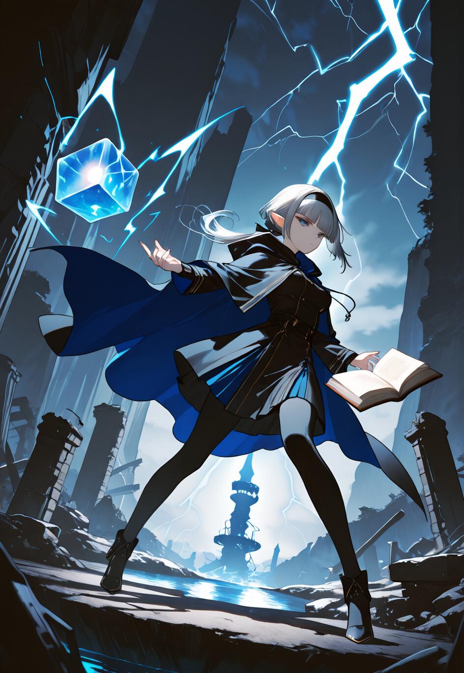 Eine Ganzkörperillustration eines silberhaarigen Elfenmädchens in einem dunkelblauen Umhang und einer schwarzen Kleidung, das in einer kraftvollen Pose in einer zerstörten Landschaft steht. Es hält ein Buch und wirkt einen Zauber auf einen schwebenden blauen Würfel, während Blitze am stürmischen Himmel hinter ihm aufblitzen.