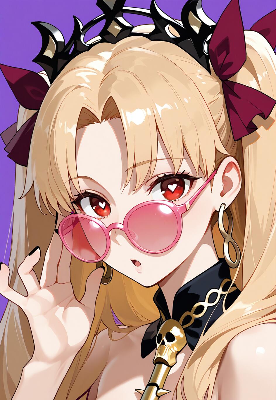 Eine im Anime-Stil gehaltene Illustration der Figur Ereshkigal aus Fate/Grand Order. Sie ist ein blondes Mädchen mit roten, herzförmigen Augen, trägt eine schwarze Krone und senkt eine rosafarbene Sonnenbrille, um den Betrachter anzusehen.