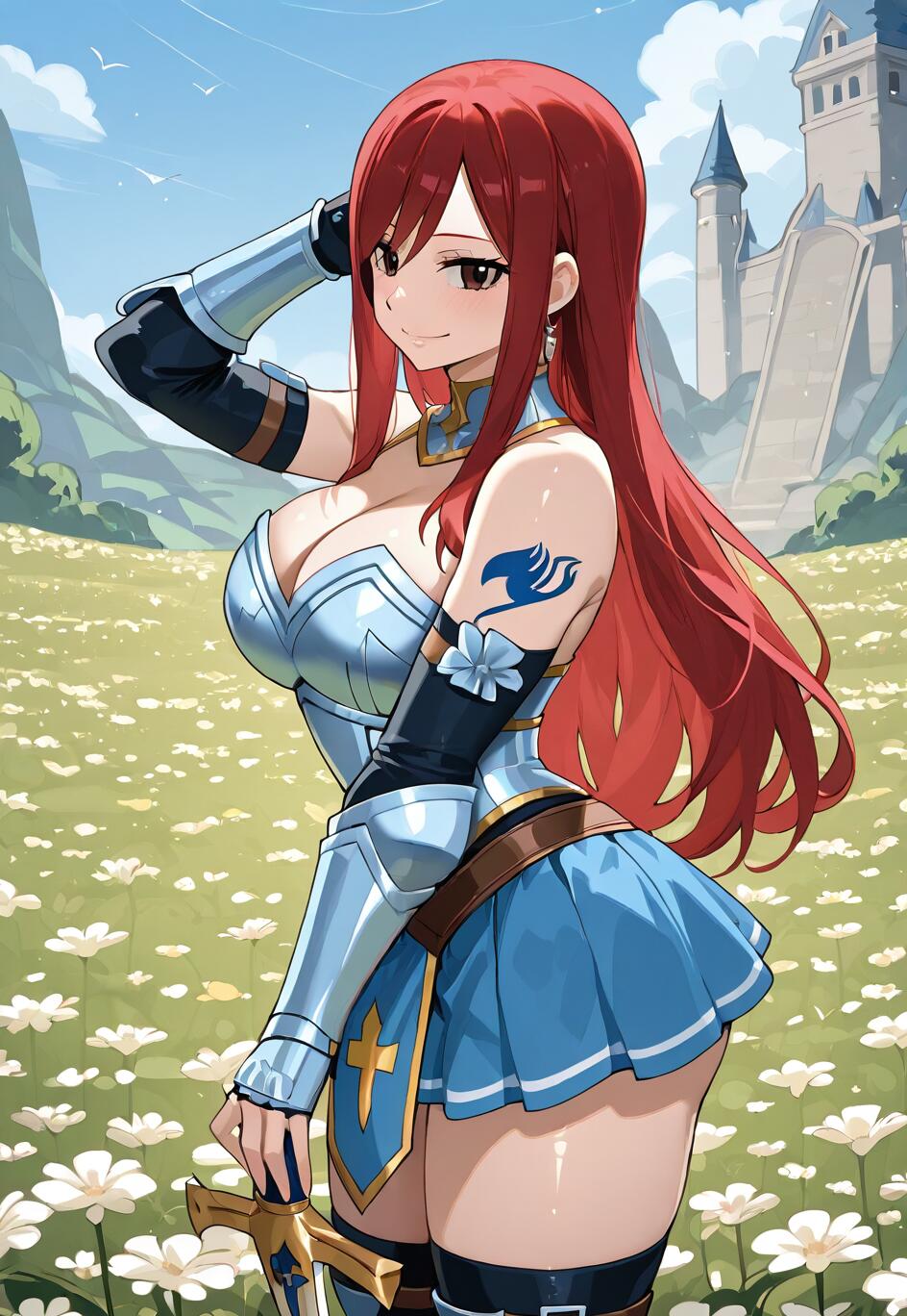 Erza Scarlet aus Fairy Tail, eine rothaarige Kriegerin in silberner und blauer Rüstung und einem blauen Rock, steht lächelnd auf einer Wiese voller weißer Blumen, im Hintergrund ist eine Burg zu sehen, und sie hält ein Schwert in der Hand.