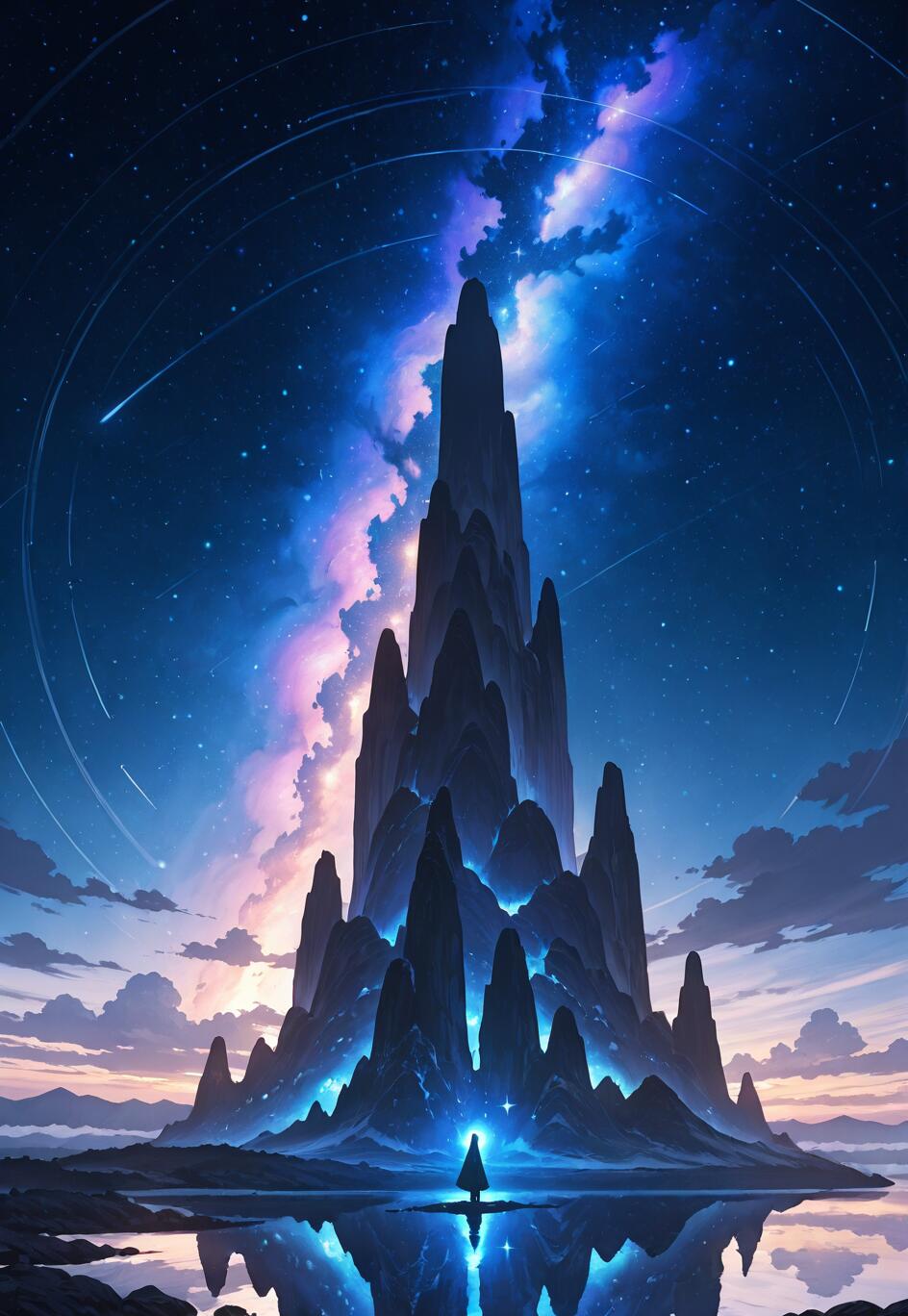 Eine einzelne Gestalt in einem Umhang steht vor einem großen, zerklüfteten Berg unter einem farbenprächtigen, sternenübersäten Nachthimmel, durch den sich eine Nebelwolke zieht. All dies spiegelt sich im ruhigen Wasser unterhalb wider.