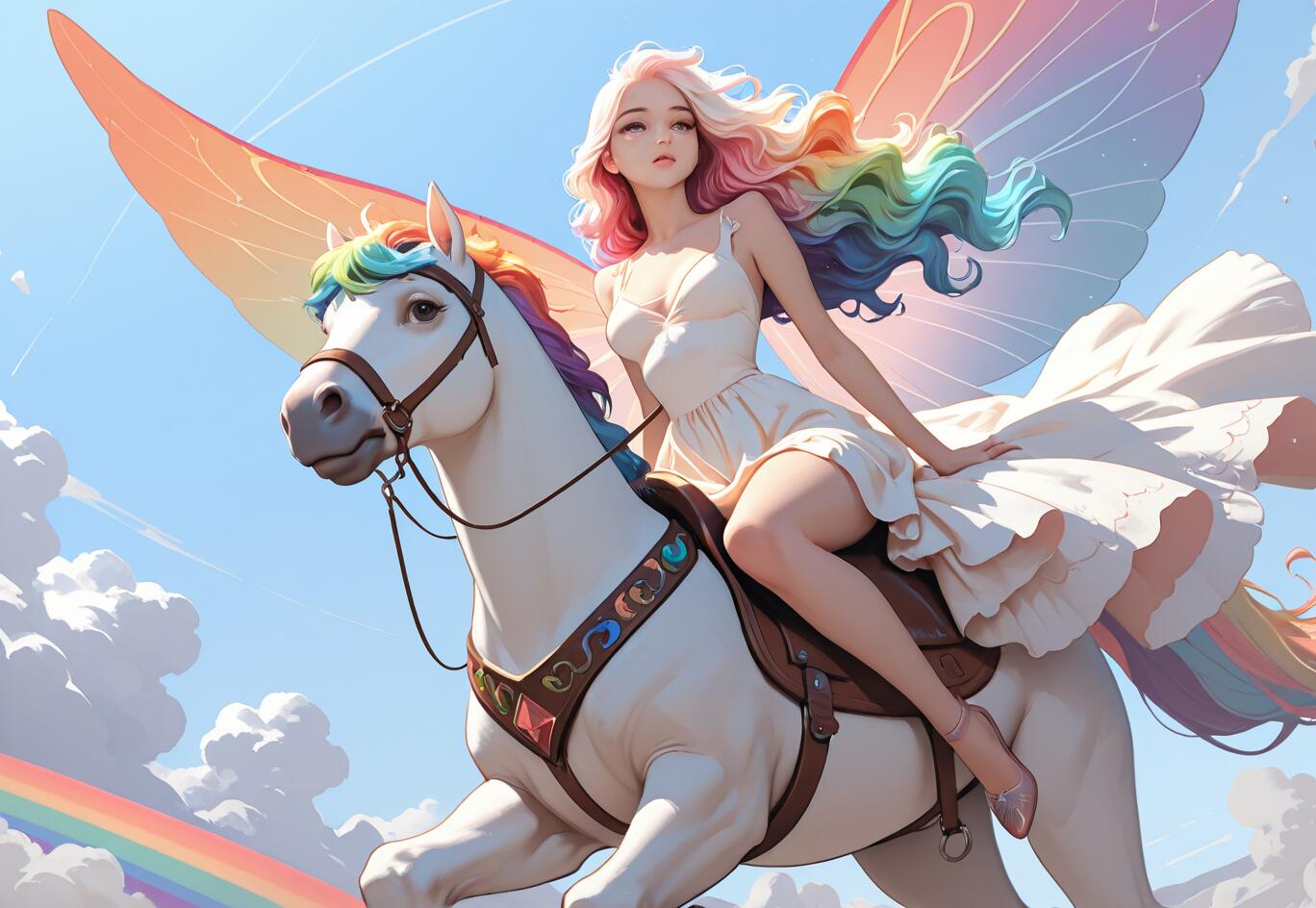 Eine junge Frau mit regenbogenfarbenem Haar und großen, bunten Flügeln reitet auf einem weißen Pegasus mit einer regenbogenfarbenen Mähne durch einen bewölkten, blauen Himmel. Unter ihnen ist ein Regenbogen zu sehen.
