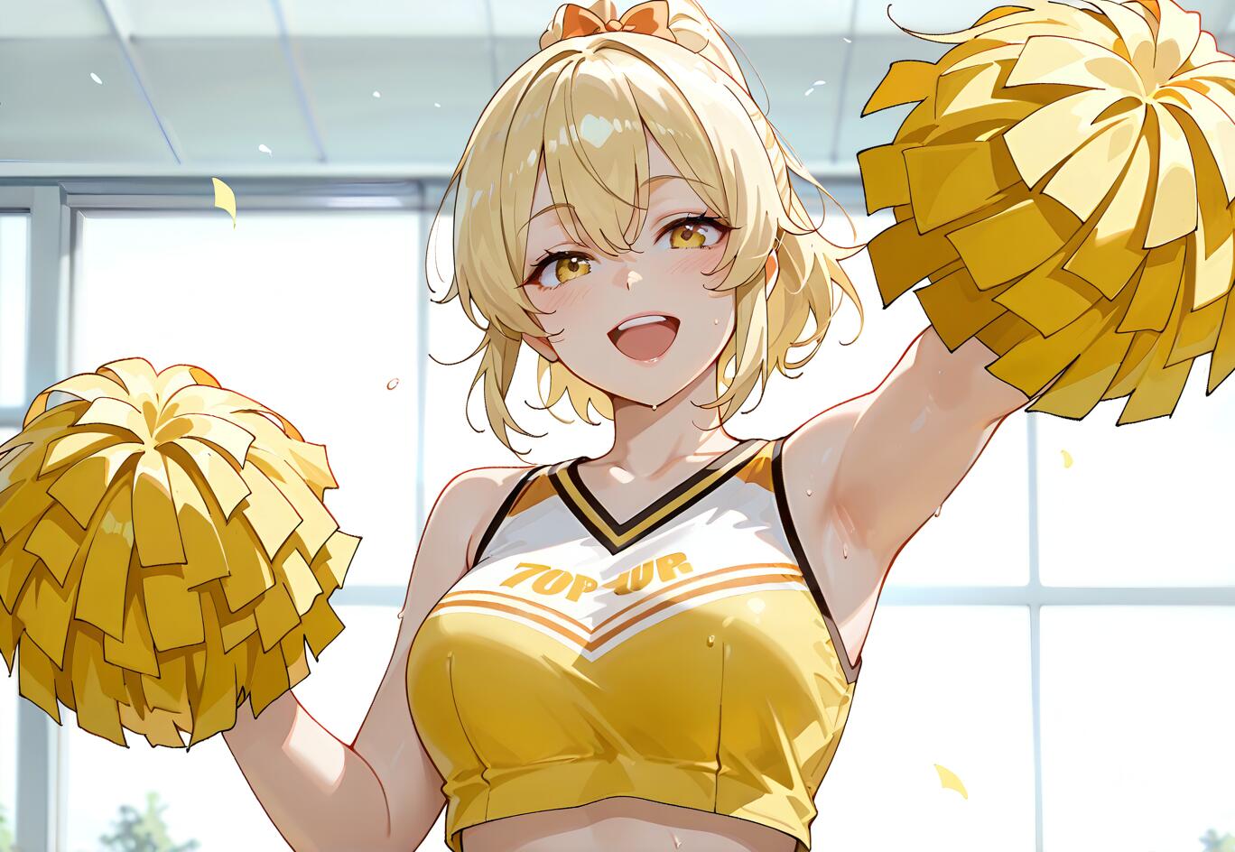 Eine im Anime-Stil gehaltene Illustration von Lumine aus Genshin Impact als Cheerleaderin. Sie ist ein blondes Mädchen mit goldenen Augen, lächelt und hält zwei gelbe Pompons in einem hellen, fensterhellen Raum.