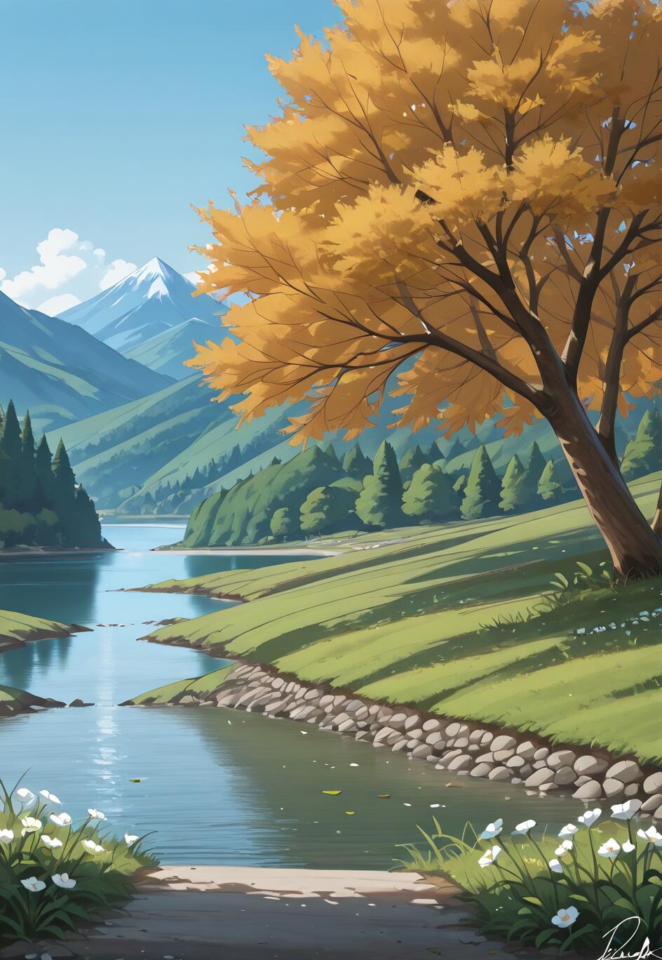 Ein digitales Gemälde im Anime-Stil, das eine friedliche Landschaft darstellt. Ein großer Baum mit goldenen Blättern überblickt einen gewundenen Fluss. Im Hintergrund sind grüne Hügel und ein schneebedeckter Berg unter einem blauen Himmel zu sehen. Weiße Blumen befinden sich im Vordergrund.