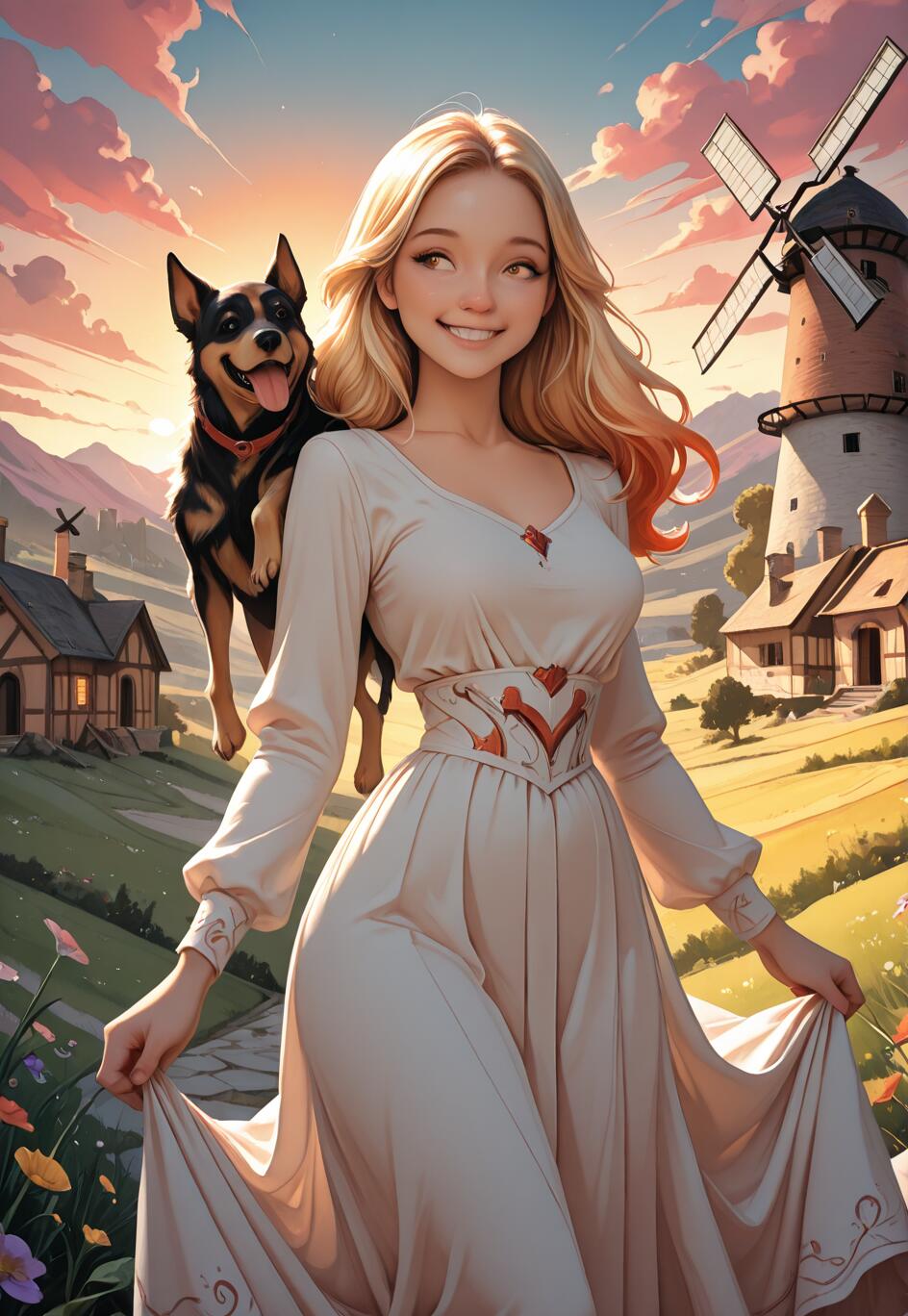Eine im Anime-Stil gehaltene Illustration einer lächelnden jungen Frau mit langen, blonden Haaren, die ein weißes Kleid trägt und mit ihrem fröhlichen Hund auf einer Wiese steht. Im Hintergrund ist eine ländliche Landschaft mit einer großen Windmühle und Häusern unter einem Sonnenuntergangshimmel zu sehen.
