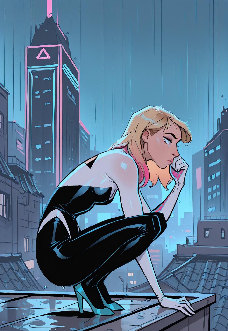 Gwen Stacy als Spider-Gwen in ihrem berühmten schwarz-weißen Kostüm, wie sie nachdenklich auf einem nassen Dach in einer regnerischen, neonbeleuchteten Stadt in der Nacht kauert.