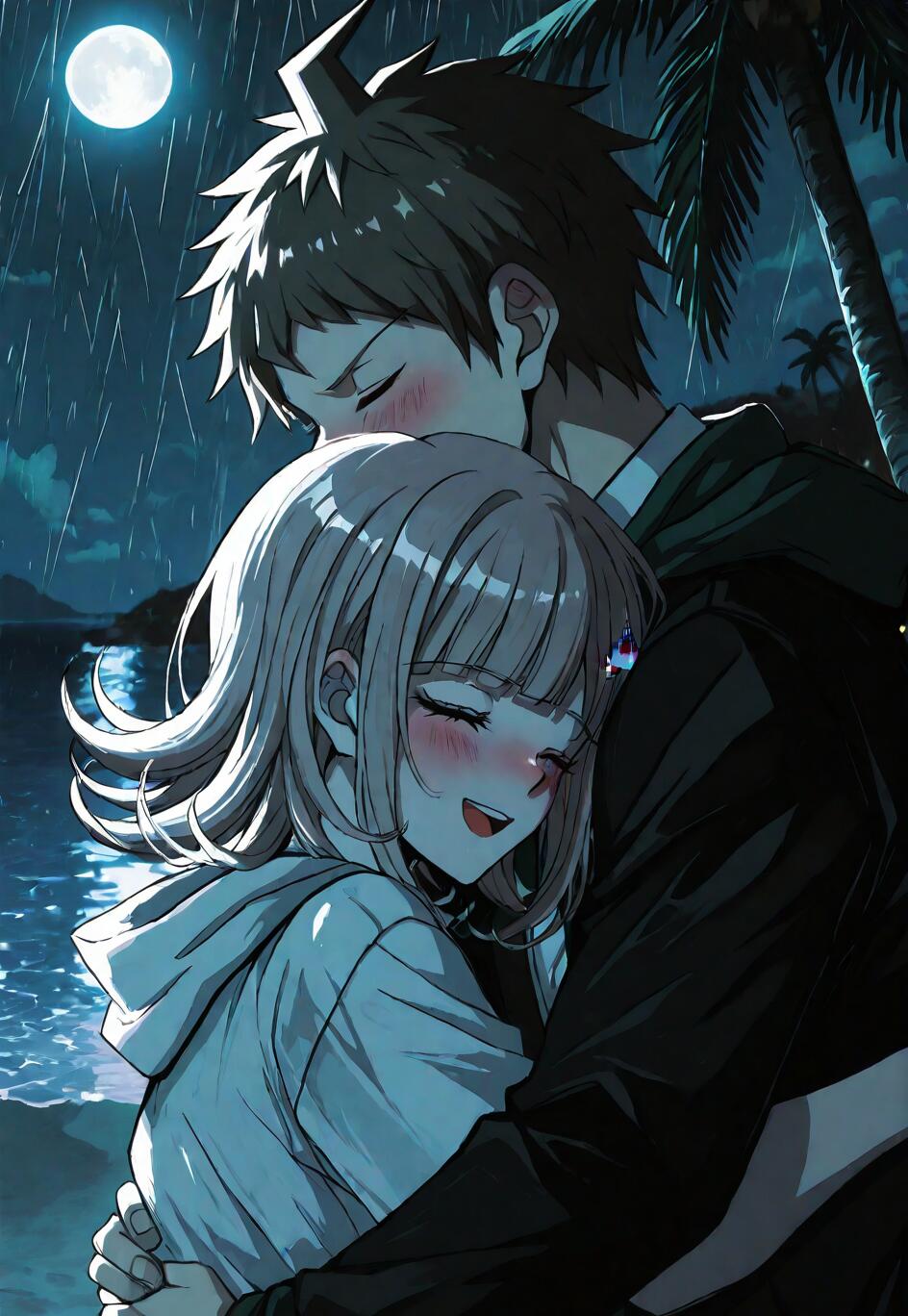 Anime-Fanart von Hajime Hinata und Chiaki Nanami aus Danganronpa, die sich in einer liebevollen Umarmung an einem regnerischen Strand in der Nacht befinden, im Hintergrund ein Vollmond und Palmen.