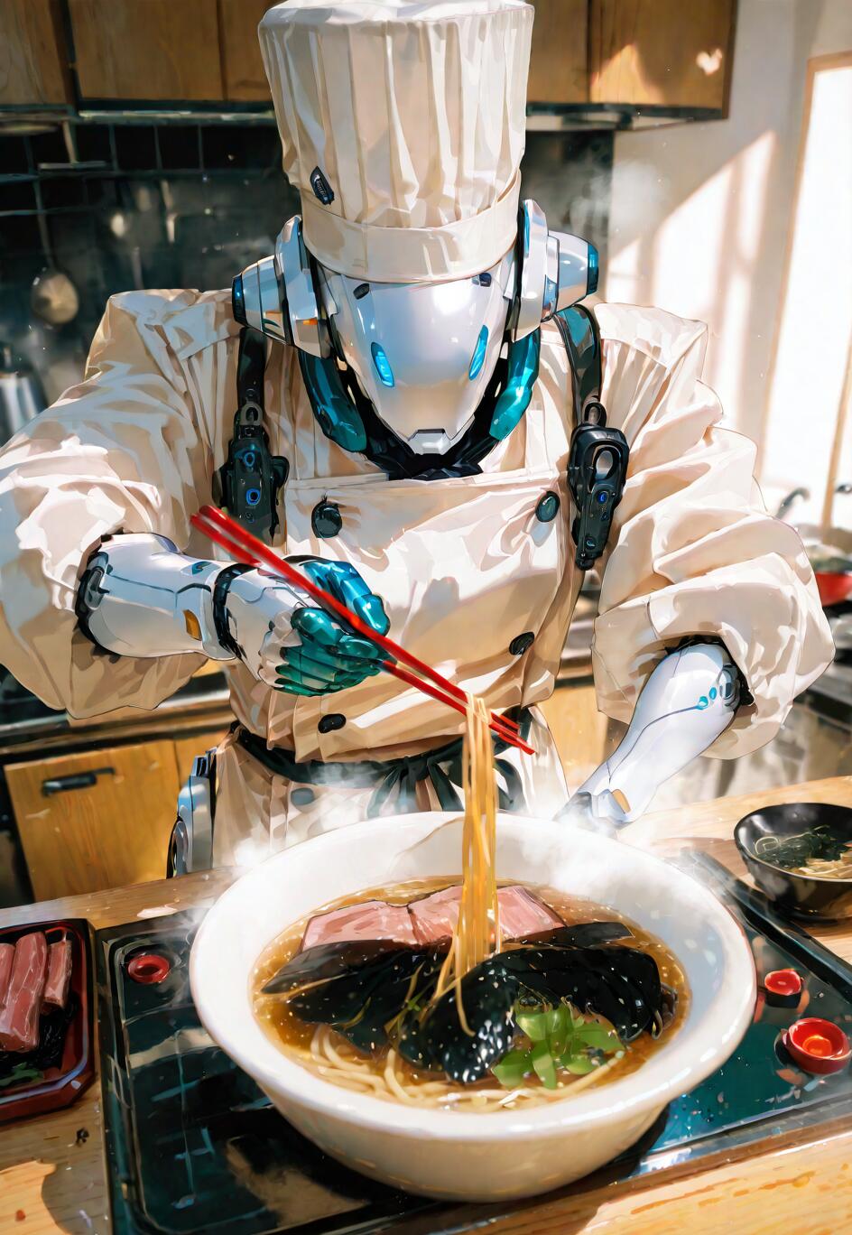 Ein weißer, futuristischer Roboter, gekleidet in eine vollständige Kochuniform, einschließlich einer hohen Kochmütze, benutzt rote Essstäbchen, um Nudeln aus einer dampfenden Schüssel japanischen Ramen in einer Küche zu nehmen.