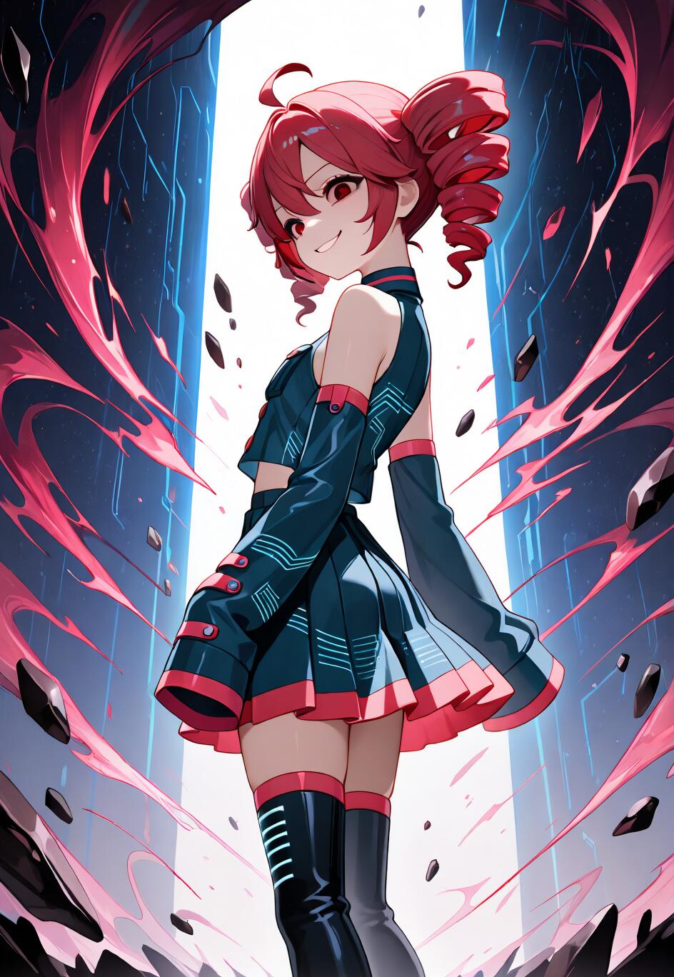 Eine im Anime-Stil gehaltene Illustration von Kasane Teto mit roten, zu Zöpfen geflochtenen Haaren und einem verschmitzten Lächeln. Sie trägt ein futuristisches, blau-rotes Outfit und steht inmitten von wirbelnder, pinkfarbener Energie und schwebenden Felsen vor einem hell leuchtenden Portal.