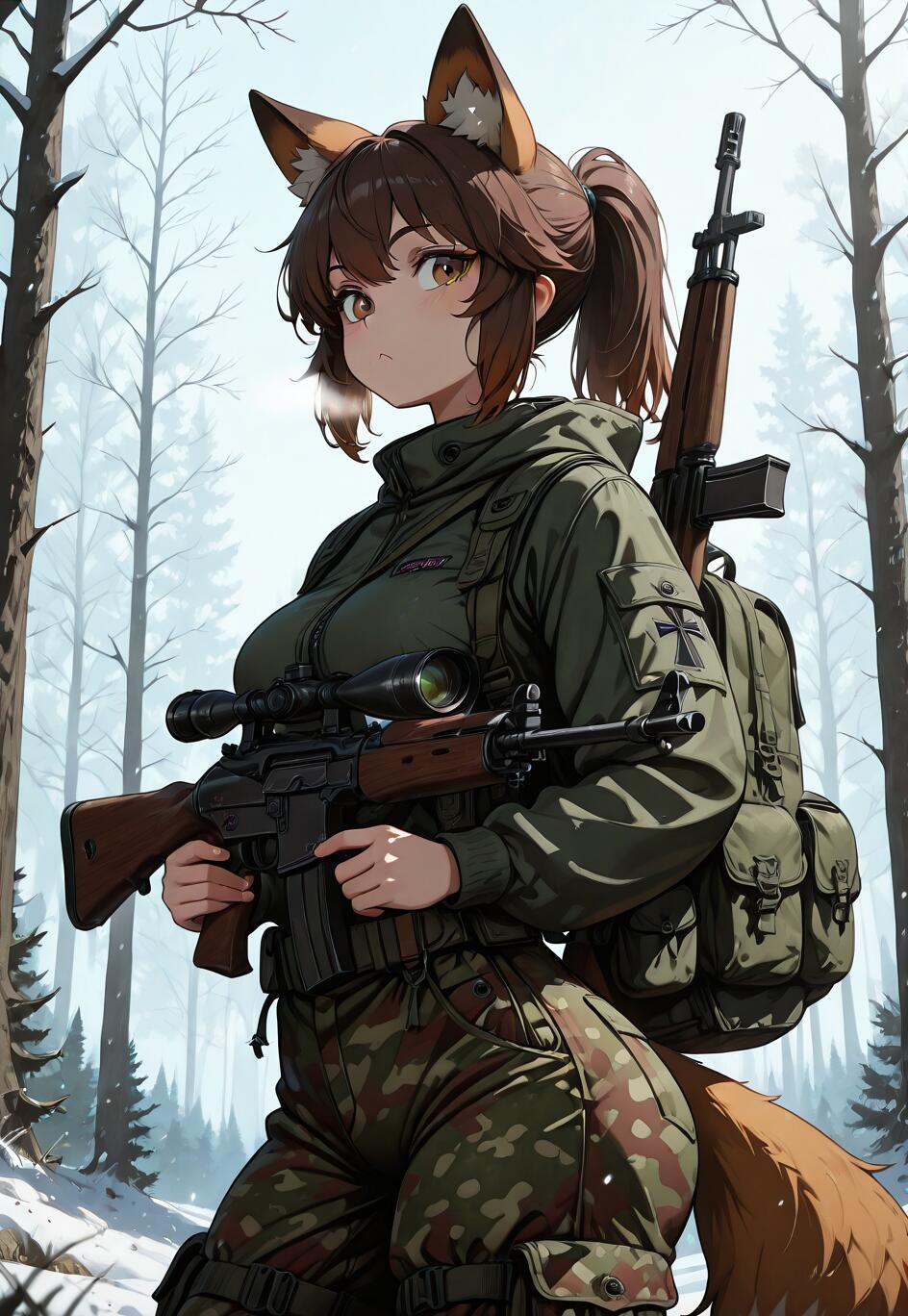 Ein Anime-Mädchen mit Fuchs-Aussehen, braunen Haaren, die zu einem Pferdeschwanz gebunden sind, trägt eine grüne Militärjacke und Tarnhosen und steht in einem verschneiten Wald, wobei sie ein Scharfschützengewehr hält.