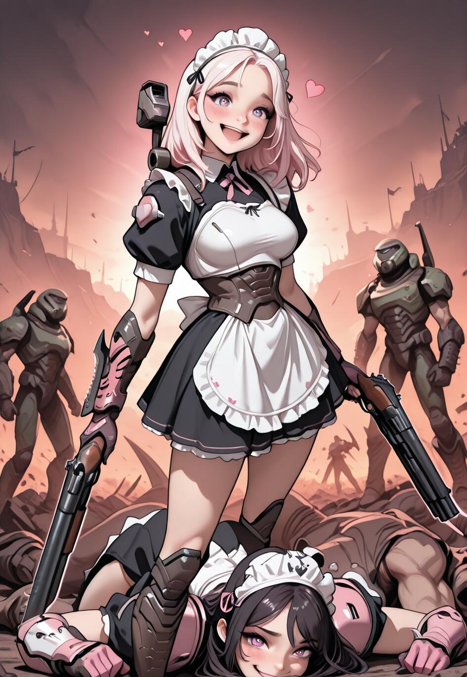 Ein Anime-Mädchen mit pinken Haaren, gekleidet in einem Kampf-Zofe-Outfit, hält auf einem feurigen Schlachtfeld zwei Schrotflinten und lächelt, während sie über einer besiegten Zofe steht. Im Hintergrund sind Figuren in Doom-Slayer-Rüstung zu sehen.