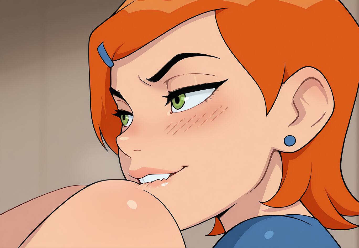 Nahaufnahme eines digitalen Kunstwerks, das Gwen Tennyson aus der Serie „Ben 10“ zeigt: Sie hat orangefarbenes Haar und grüne Augen, blickt verschmitzt zur Seite und beißt sich auf die Lippe, wobei ihre Wangen leicht gerötet sind.