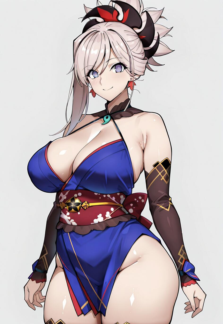Eine im Anime-Stil gehaltene Illustration von Miyamoto Musashi aus Fate/Grand Order, die lächelnd ein blaues Kimono, braune Armschienen und ihr Haar in einem hohen Pferdeschwanz trägt.