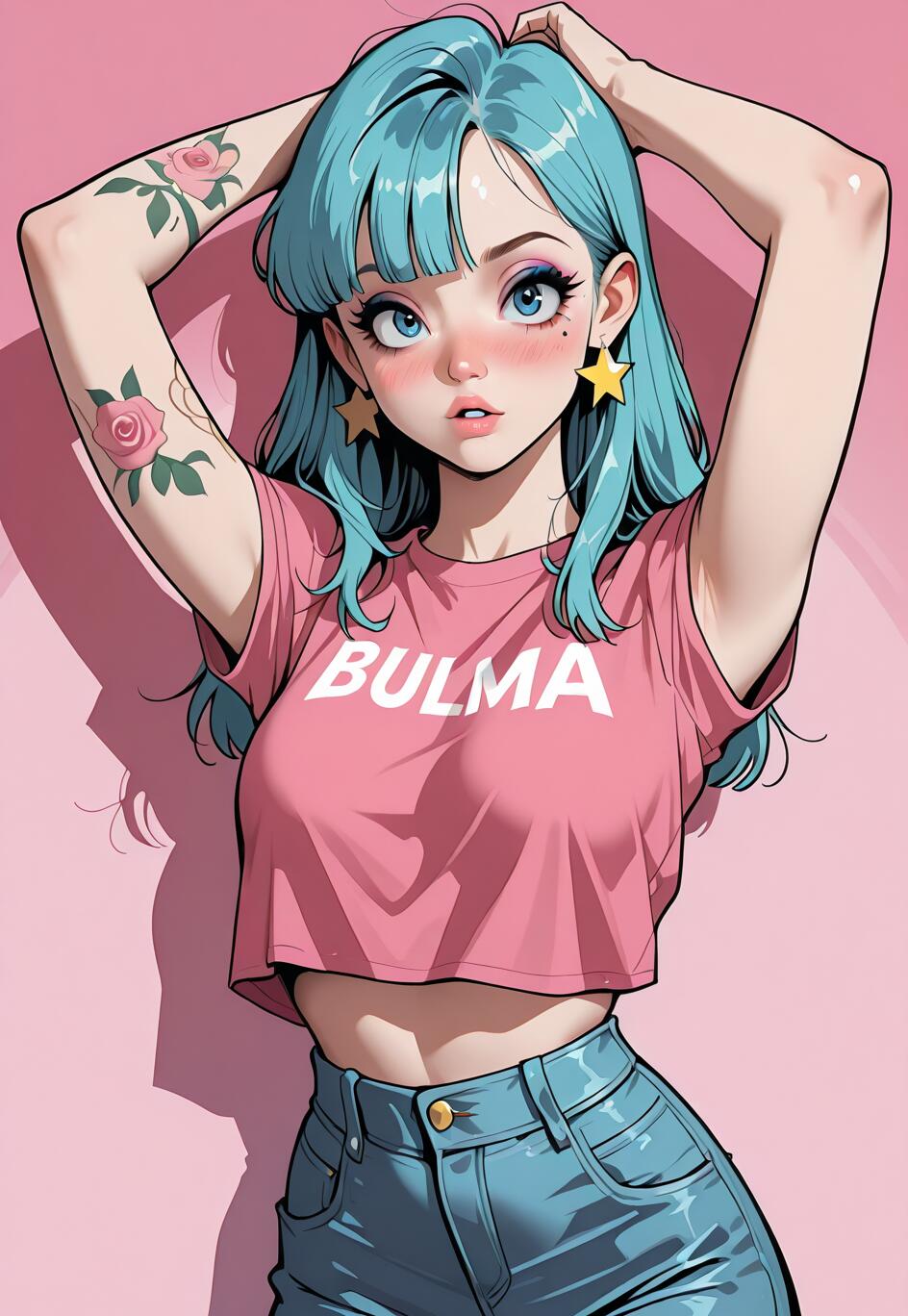 Eine im Anime-Stil gehaltene Illustration von Bulma aus Dragon Ball mit blauem Haar und blauen Augen. Sie trägt ein pinkfarbenes, kurzes Oberteil mit der Aufschrift „BULMA“, eine blaue Jeans und Stern-Ohrringe. Auf ihrem Arm befinden sich Rosen-Tätowierungen, und sie posiert mit den Händen hinter dem Kopf vor einem pinkfarbenen Hintergrund.