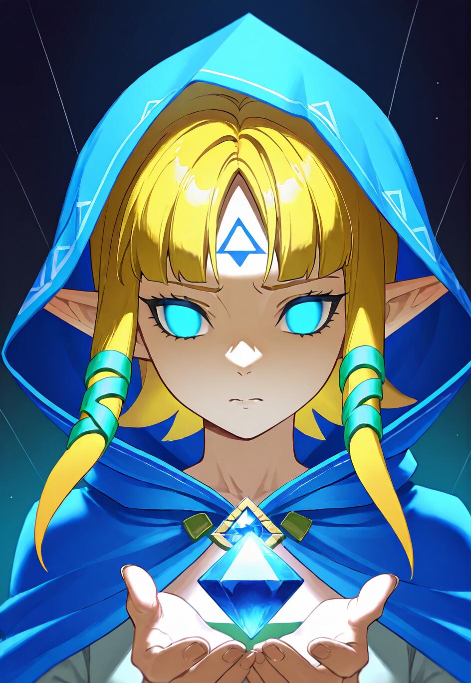 Eine im Anime-Stil gehaltene Illustration von Prinzessin Zelda mit leuchtend blauen Augen, die einen blauen Umhang mit Kapuze trägt und einen funkelnden blauen Edelstein in der Hand hält. Das Triforce-Symbol befindet sich auf ihrer Stirn.