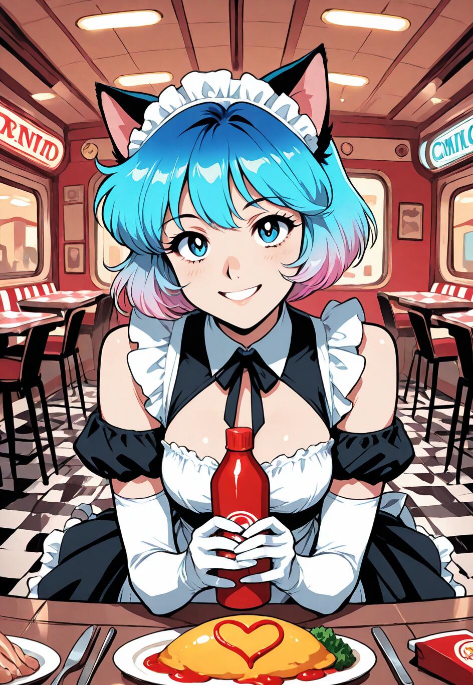 Ein Anime-Mädchen mit Katzenohren, kurzem, blau- und rosafarbenem Haar, gekleidet in einem Dienstmädchen-Outfit, lächelt, während sie eine Ketchupflasche über einen Teller mit Omurice hält, der in einem Retro-Diner mit einem Ketchup-Herz verziert ist.