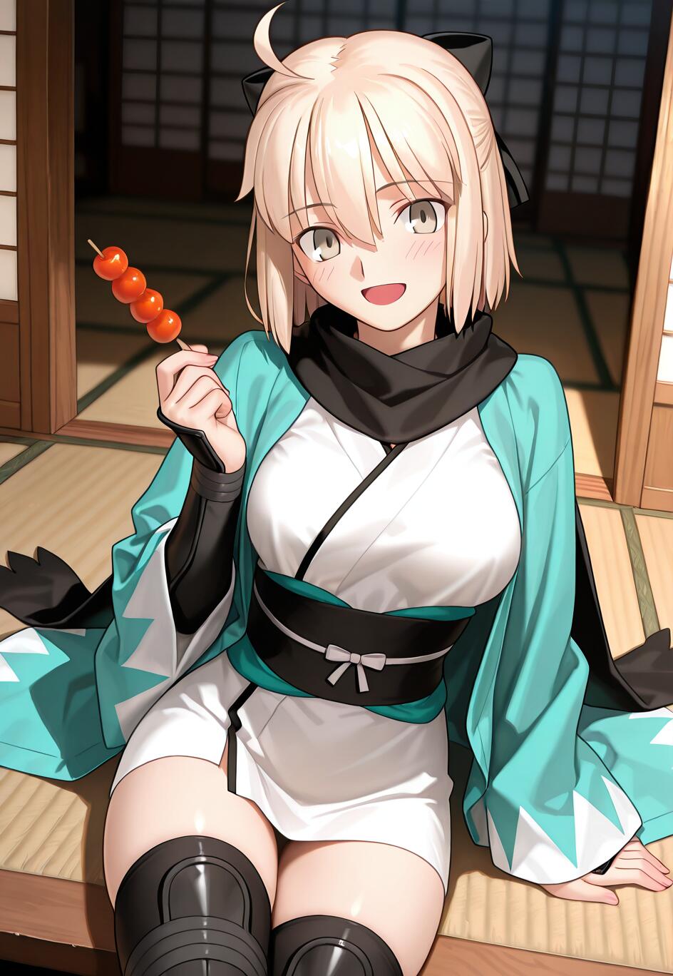 Die Anime-Figur Okita Souji aus Fate/Grand Order, eine junge Frau mit kurzen, blonden Haaren und einer schwarzen Schleife, sitzt auf einem Tatami-Boden, trägt ein türkisfarbenes Haori und einen weißen Kimono und lächelt, während sie einen Spieß mit orangefarbenen Dango-Reiskügelchen hochhält.