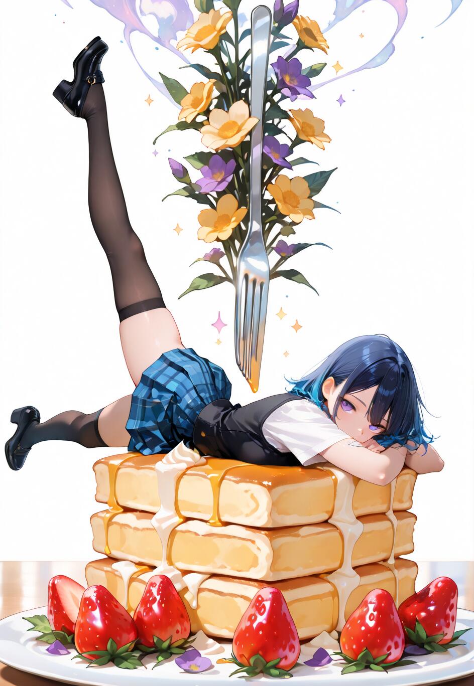 Ein Mädchen im Anime-Stil mit kurzen, blauen Haaren und in einer Schuluniform liegt auf einem riesigen Stapel Pfannkuchen, umgeben von Erdbeeren. Hinter ihr steht auf weißem Hintergrund eine riesige, mit Blumen verzierte Gabel.