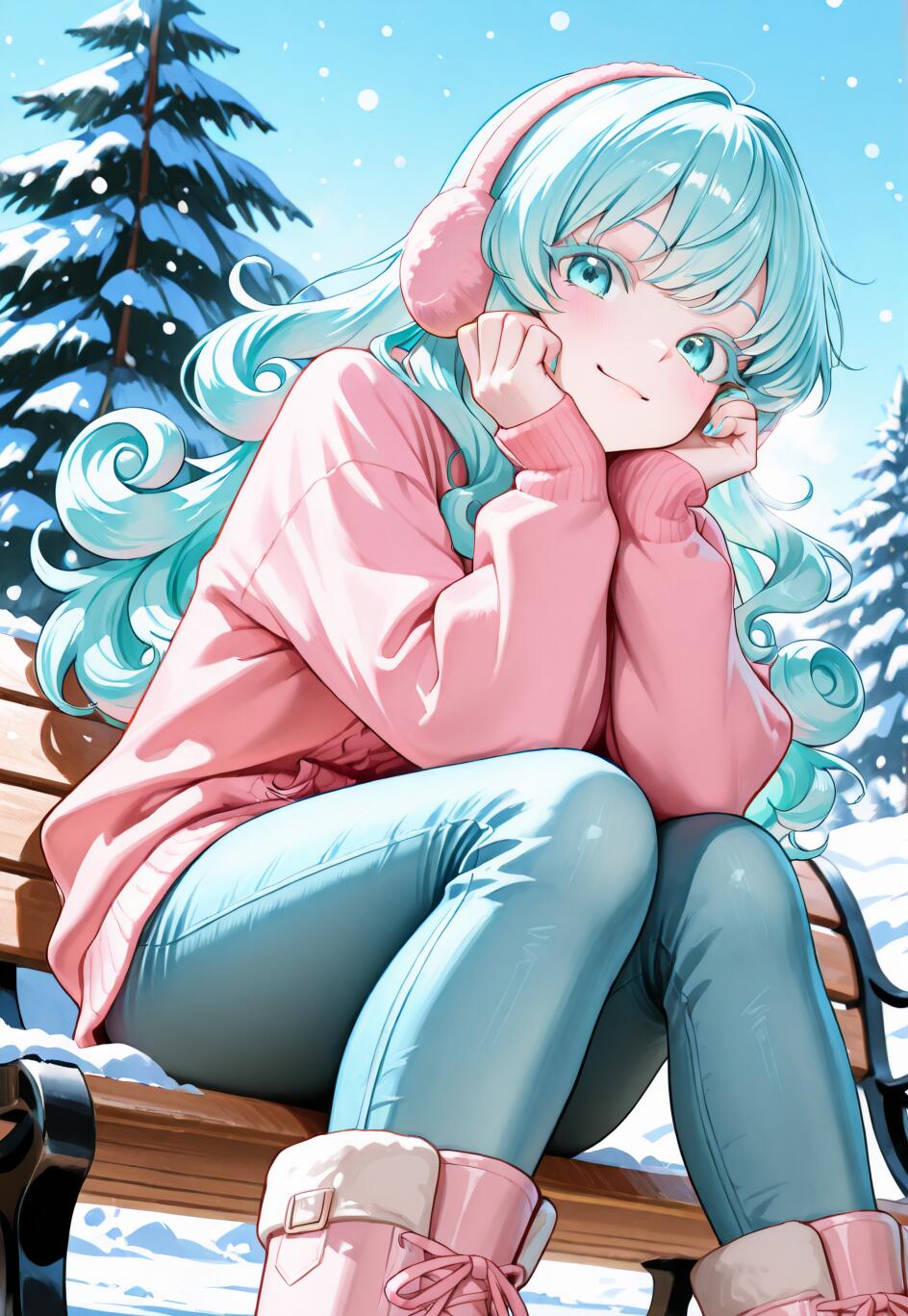 Ein Anime-Mädchen mit lockigem, türkisfarbenem Haar und einem rosa Pullover sitzt auf einer Parkbank in einer verschneiten Winterlandschaft und lächelt, während es seinen Kopf in den Händen ruhen lässt.