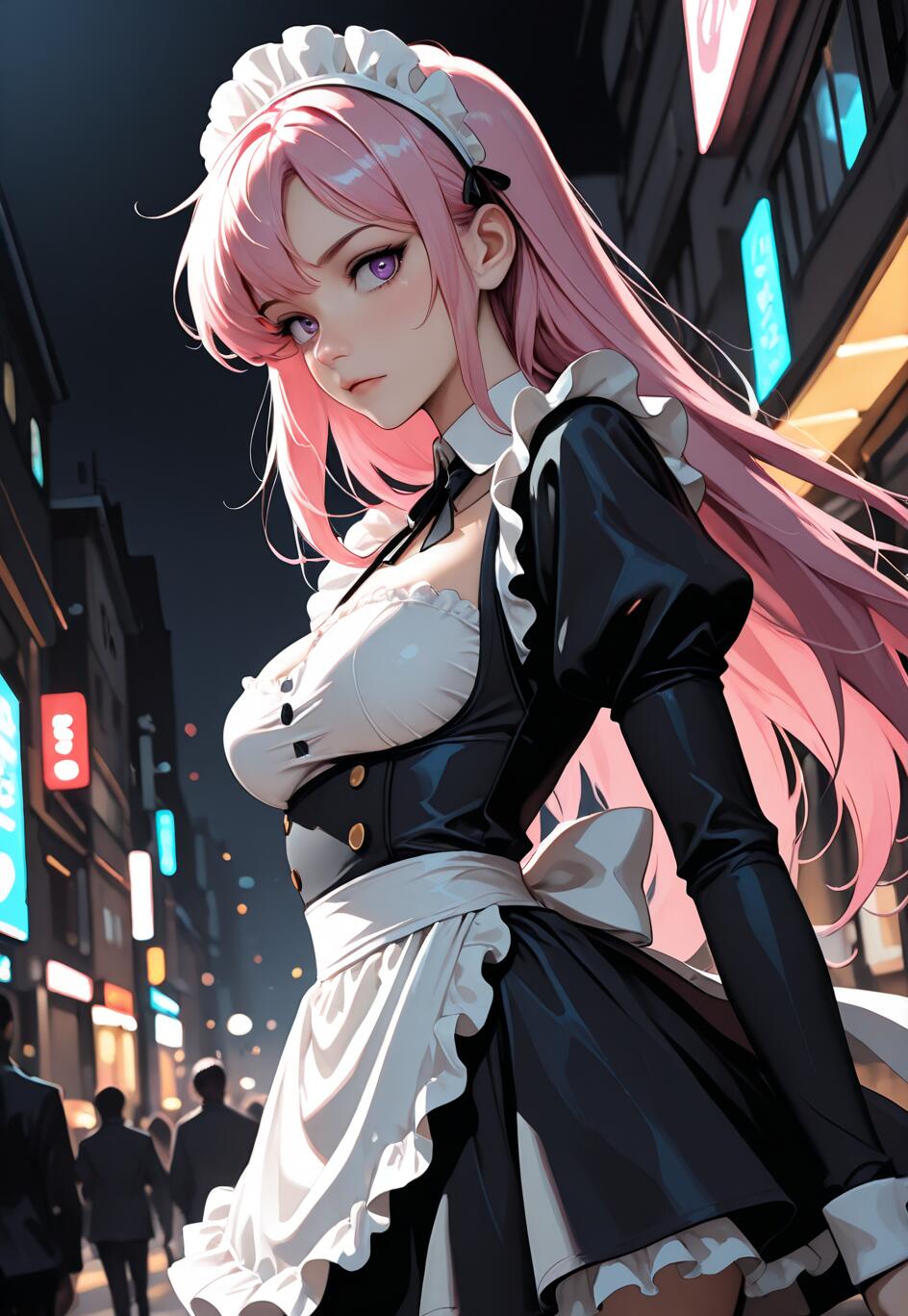 Eine im Anime-Stil gehaltene Illustration einer jungen Frau mit langen, pinkfarbenen Haaren und violetten Augen, die ein schwarz-weißes Dienstmädchenkostüm trägt. Sie steht nachts auf einer Stadtstraße, im Hintergrund sind verschwommene Neonlichter zu sehen.