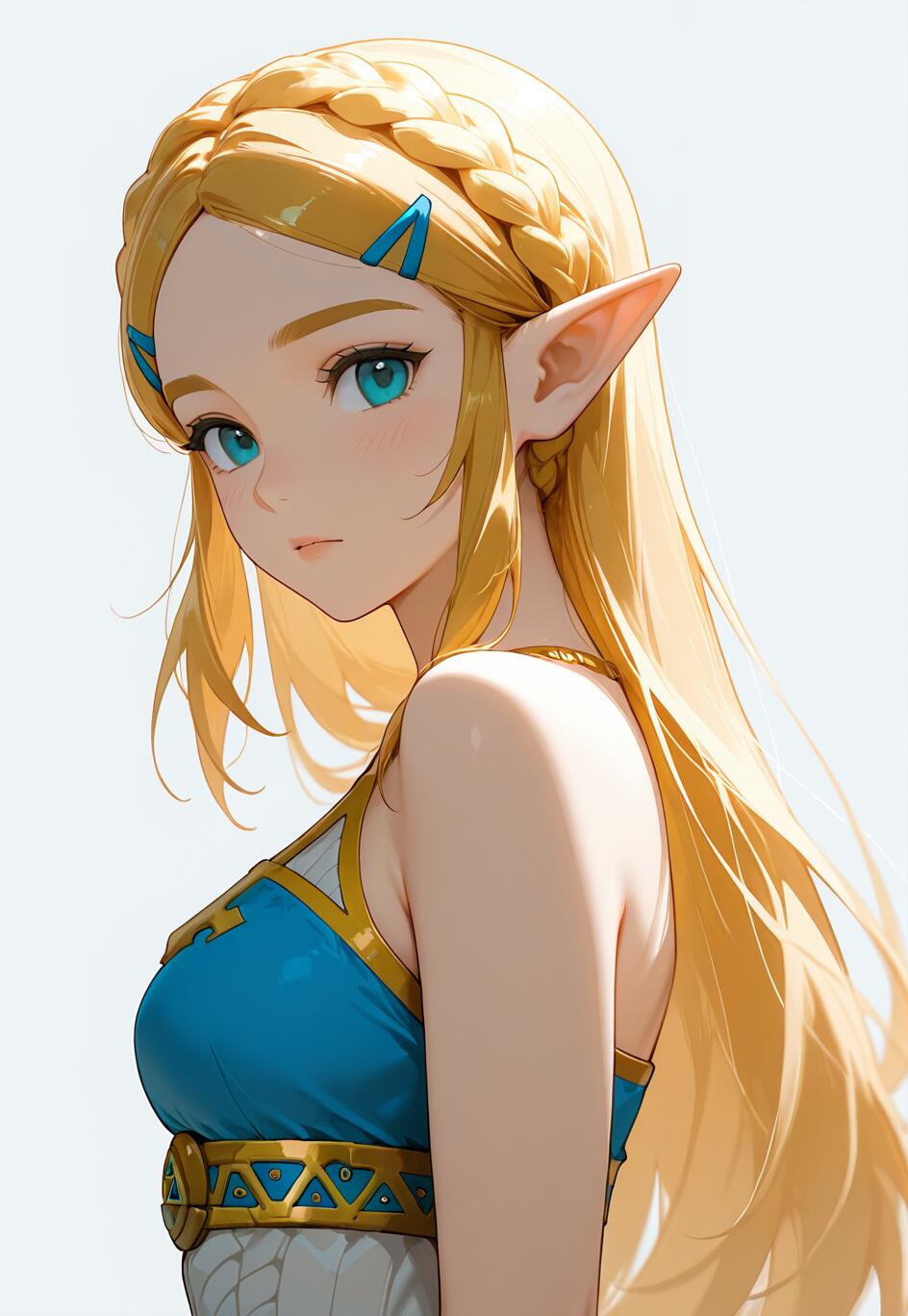 Eine im Anime-Stil gehaltene Illustration der Prinzessin Zelda aus der Spielreihe „The Legend of Zelda“. Sie hat langes, blondes Haar, das zu einem Zopf geflochten ist, blaue Augen und spitze Ohren. Sie blickt über ihre Schulter, während sie ein blaues und goldenes Kleid trägt.