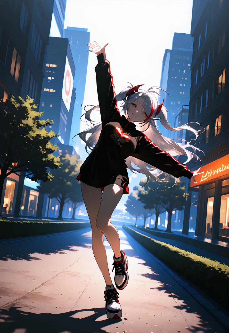 Eine Ganzkörperillustration der Anime-Figur Prinz Eugen aus Azur Lane, die auf einem Bürgersteig in einer Stadt steht. Sie hat langes, weißes Haar, trägt eine lässige schwarze Kapuzenjacke und Turnschuhe und lächelt fröhlich, wobei ein Arm ausgestreckt ist.