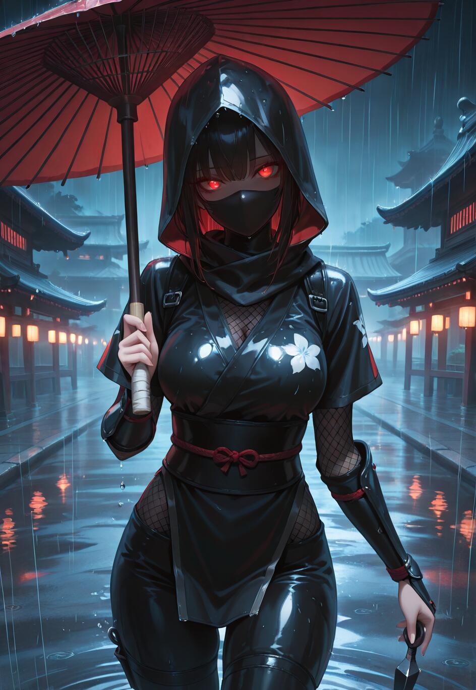 Eine weibliche Anime-Ninja mit leuchtend roten Augen und einem schwarzen, kapuzenartigen Outfit steht nachts im Regen. In der einen Hand hält sie einen roten Regenschirm, in der anderen ein Kunai-Messer. Im Hintergrund sind japanische Gebäude zu sehen, die von Laternen beleuchtet werden.