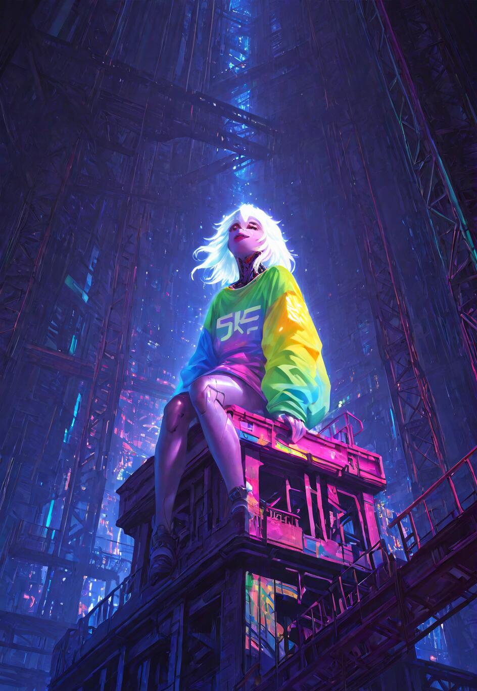 Eine junge Frau mit weißen Haaren und einem bunten, übergroßen Pullover sitzt auf einem Dach und blickt in den Nachthimmel über einer riesigen, futuristischen Cyberpunk-Stadt, die von blauem und violettem Neonlicht erhellt wird.