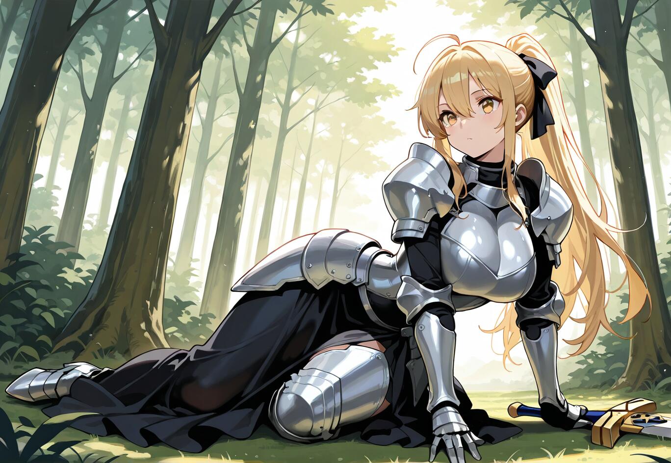 Eine Anime-Illustration von Saber Artoria Pendragon, einer blonden Ritterin in vollständiger silberner Rüstung und einem schwarzen Kleid, die auf dem grasbewachsenen Boden eines sonnendurchfluteten Waldes ruht, wobei ihr Schwert Excalibur neben ihr liegt.
