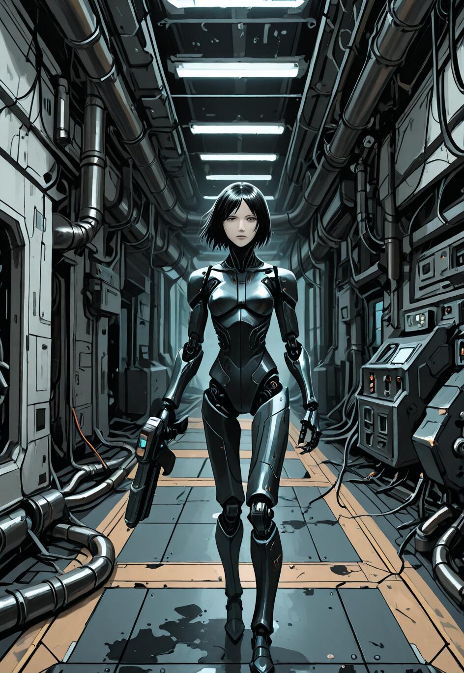 Eine Ganzkörperdarstellung der Cyborg-Figur Sanakan aus dem Manga BLAME!, die auf den Betrachter zugeht. Sie befindet sich in einem dunklen, schmalen, industriellen Sci-Fi-Korridor, der mit Rohren und Kabeln gefüllt ist. Sie hat kurze, schwarze Haare und hält eine große Waffe.