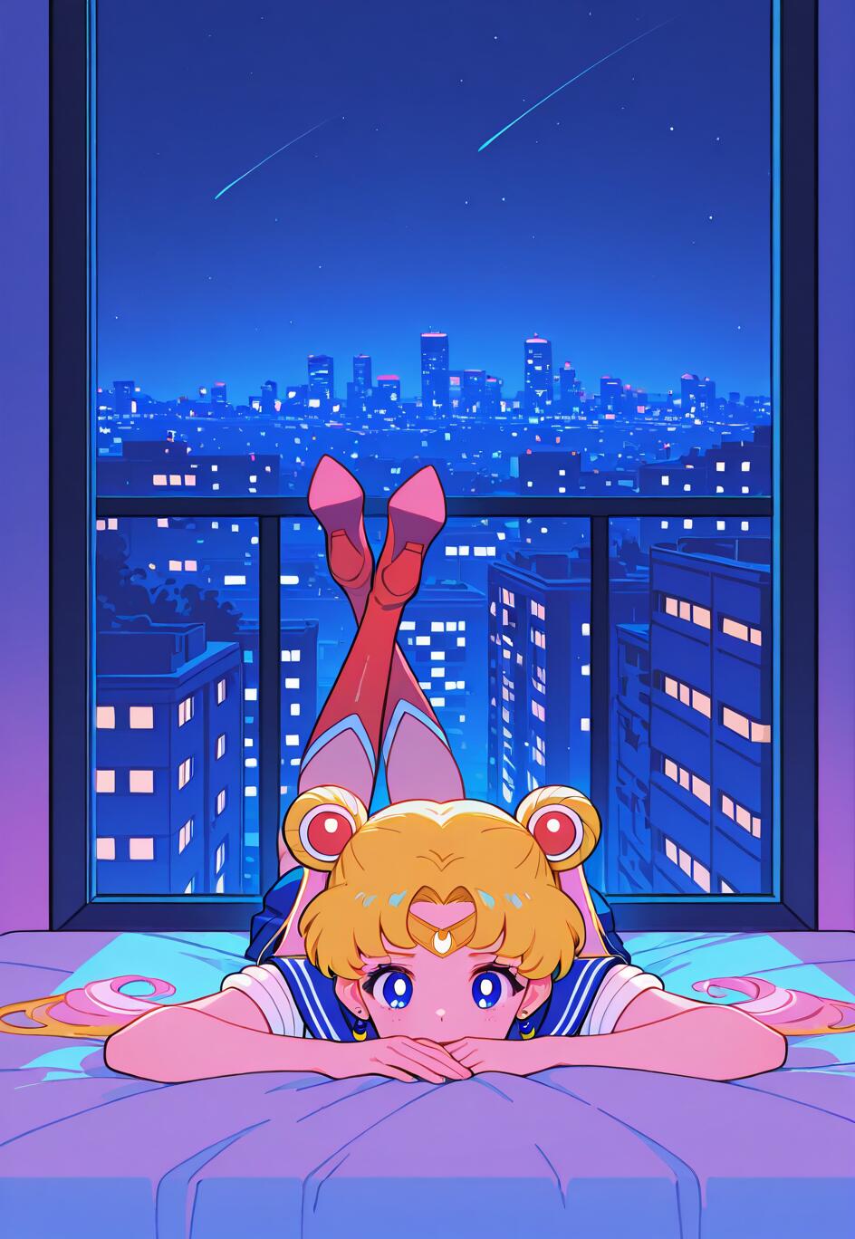 Sailor Moon, mit ihren charakteristischen blonden, zu Zöpfen gebundenen Haaren, liegt auf dem Bauch auf einem Bett und blickt direkt den Betrachter an. Hinter ihr ist durch ein großes Fenster eine lebendige Stadtlandschaft bei Nacht unter einem sternenübersäten Himmel zu sehen.