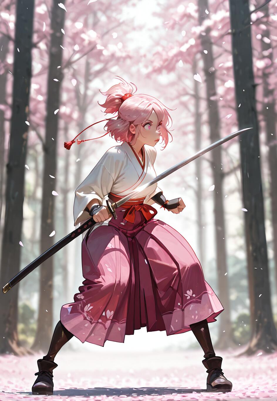 Eine im Anime-Stil gehaltene Illustration einer jungen Frau mit pinkfarbenem Haar, das sie zu einem hohen Pferdeschwanz gebunden hat. Sie trägt ein weißes Oberteil und eine pinkfarbene Hakama-Hose und hält in einem Wald, in dem Kirschblütenblätter herabfallen, ein Katana in einer defensiven Haltung.