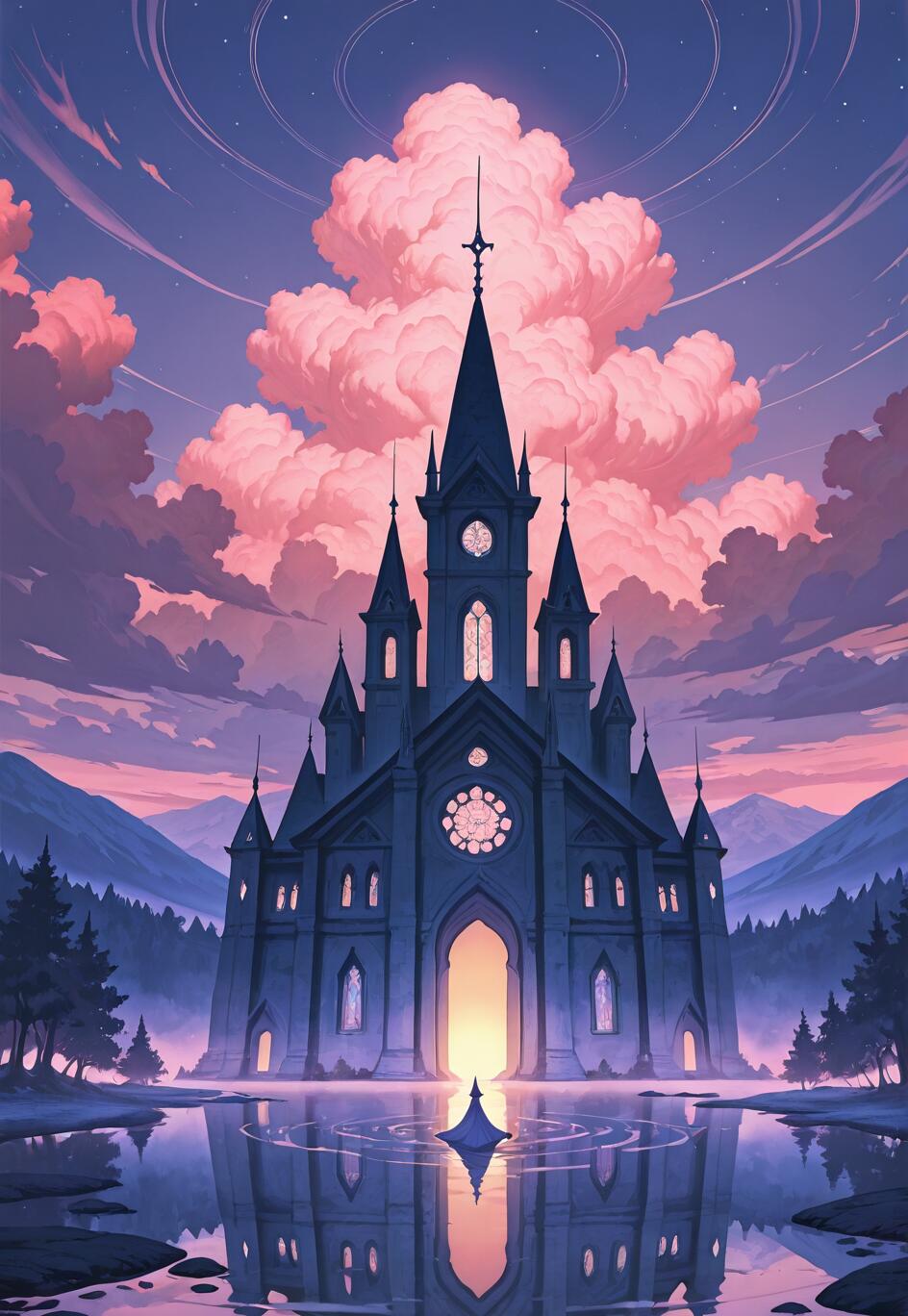 Eine digitale Fantasy-Illustration, die eine düstere, gotische Kathedrale an einem Seeufer in der Dämmerung zeigt. Große, voluminöse, rosafarbene Wolken füllen den violetten Himmel, und die gesamte Szene spiegelt sich im ruhigen Wasser. Eine kleine, einsame Gestalt in einem dunklen Gewand steht auf dem Wasser vor dem leuchtenden Eingang der Kathedrale.