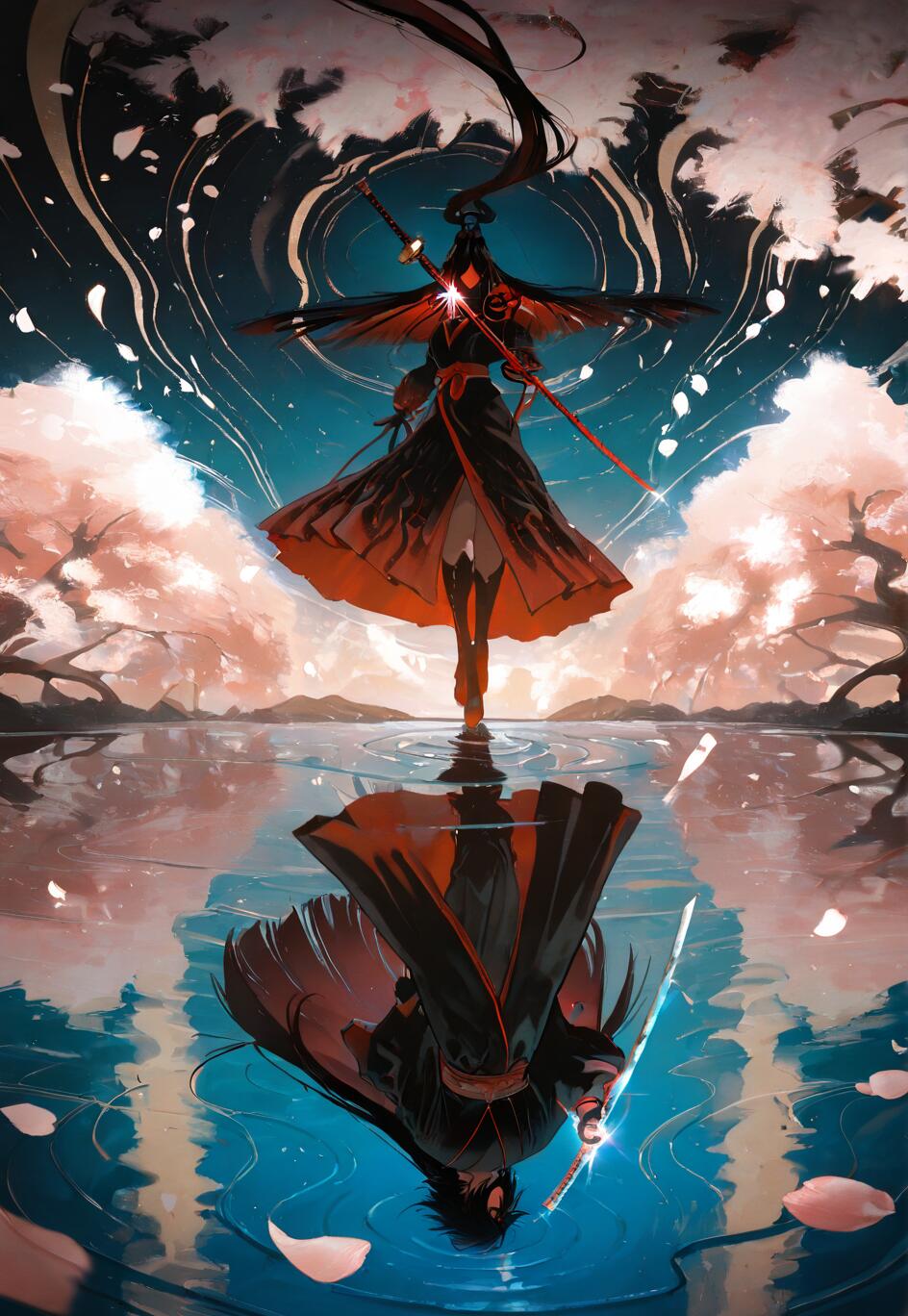 Eine im Anime-Stil gehaltene Illustration von Sasuke Uchiha aus Naruto, der auf dem Wasser unter einem Nachthimmel mit blühenden Kirschbäumen steht. Sein Spiegelbild im Wasser offenbart sein wahres Gesicht und erzeugt so ein Motiv der Dualität.