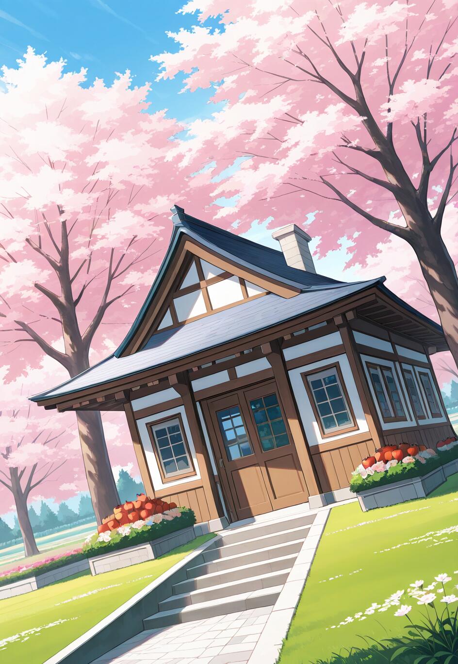 Eine im Anime-Stil gehaltene Illustration eines japanischen Hauses mit einem dunklen, spitz zulaufenden Dach, eingebettet zwischen blühenden, rosafarbenen Kirschbäumen. Ein steinernes Weg führt auf dem leuchtend grünen Rasen unter einem blauen Himmel zum Haus.